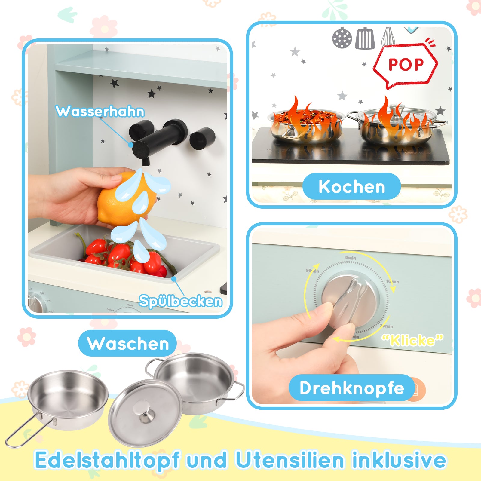 Children's Play Kitchen with Ice Maker and Microwave, Wood and Plastic, Blue