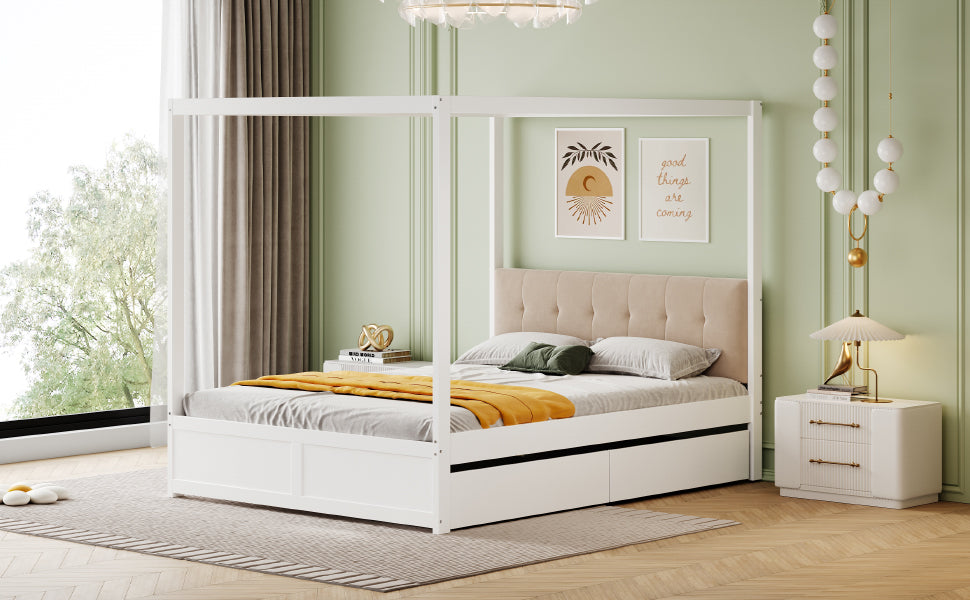Canopy Bed, 140x200cm Large Drawers Soft Headboard, Wooden White