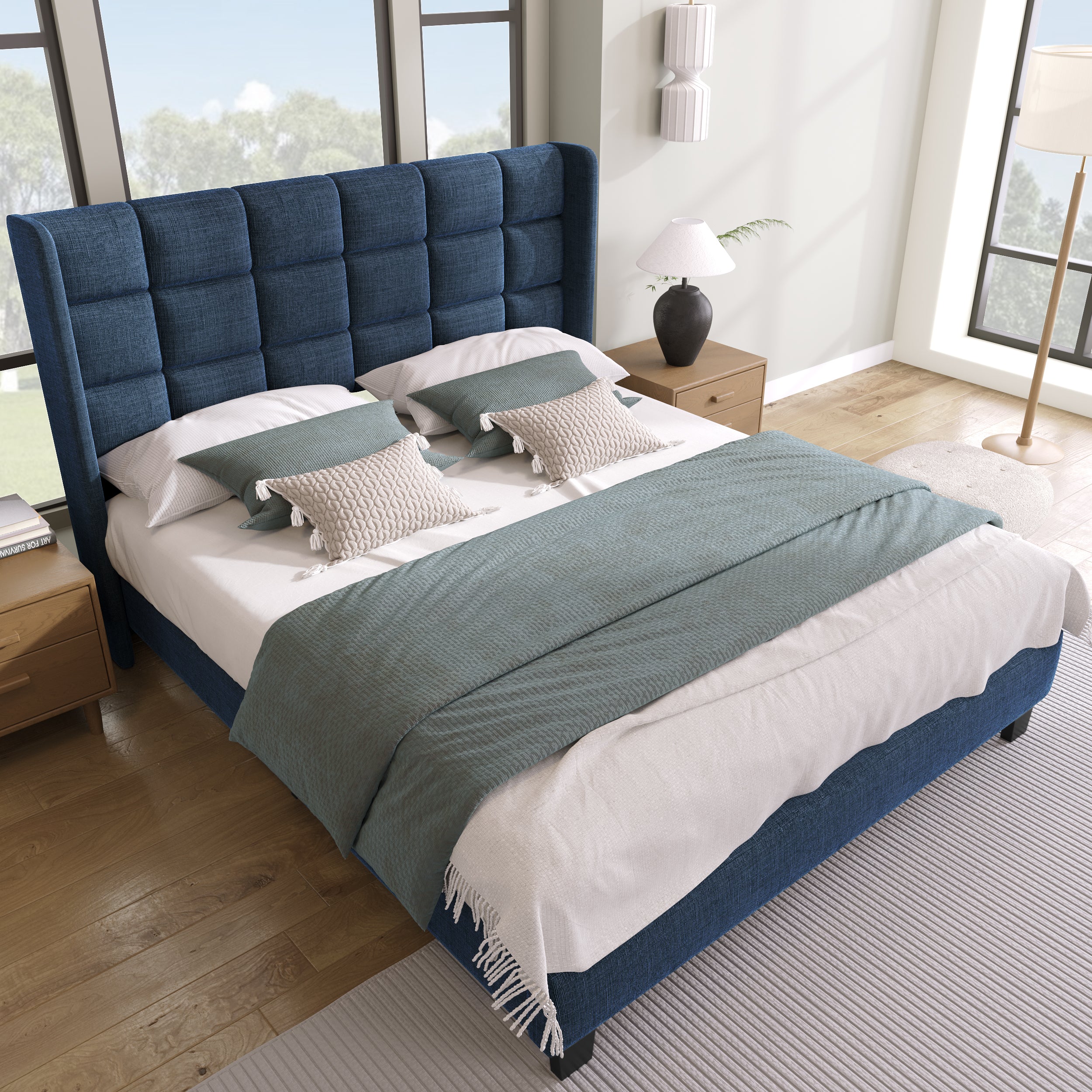 Upholstered Bed, Double with Slatted Frame, 140x200cm, Blue Linen