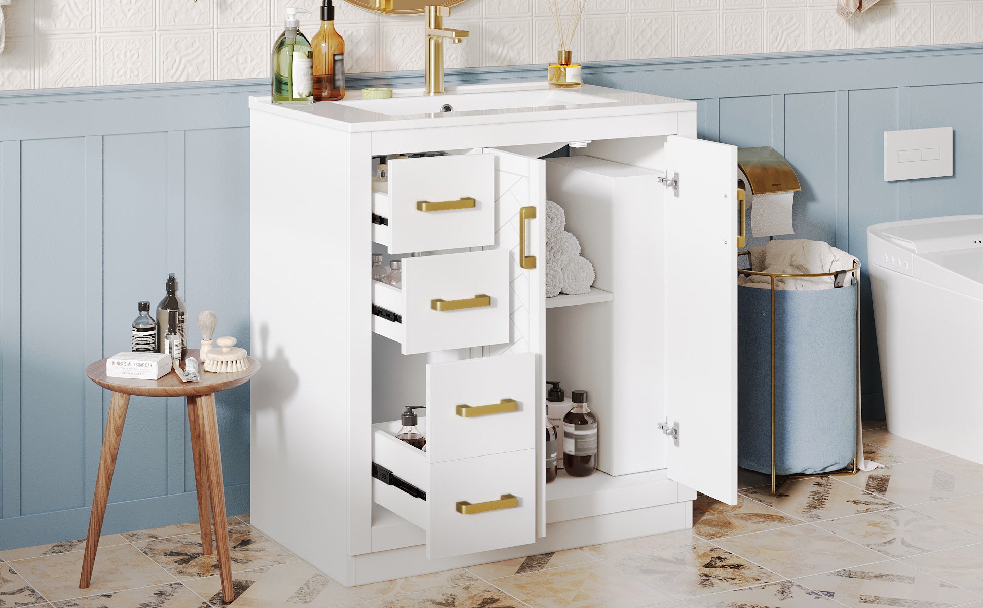 Bathroom Vanity Unit with Ceramic Sink and 3 Drawers, White