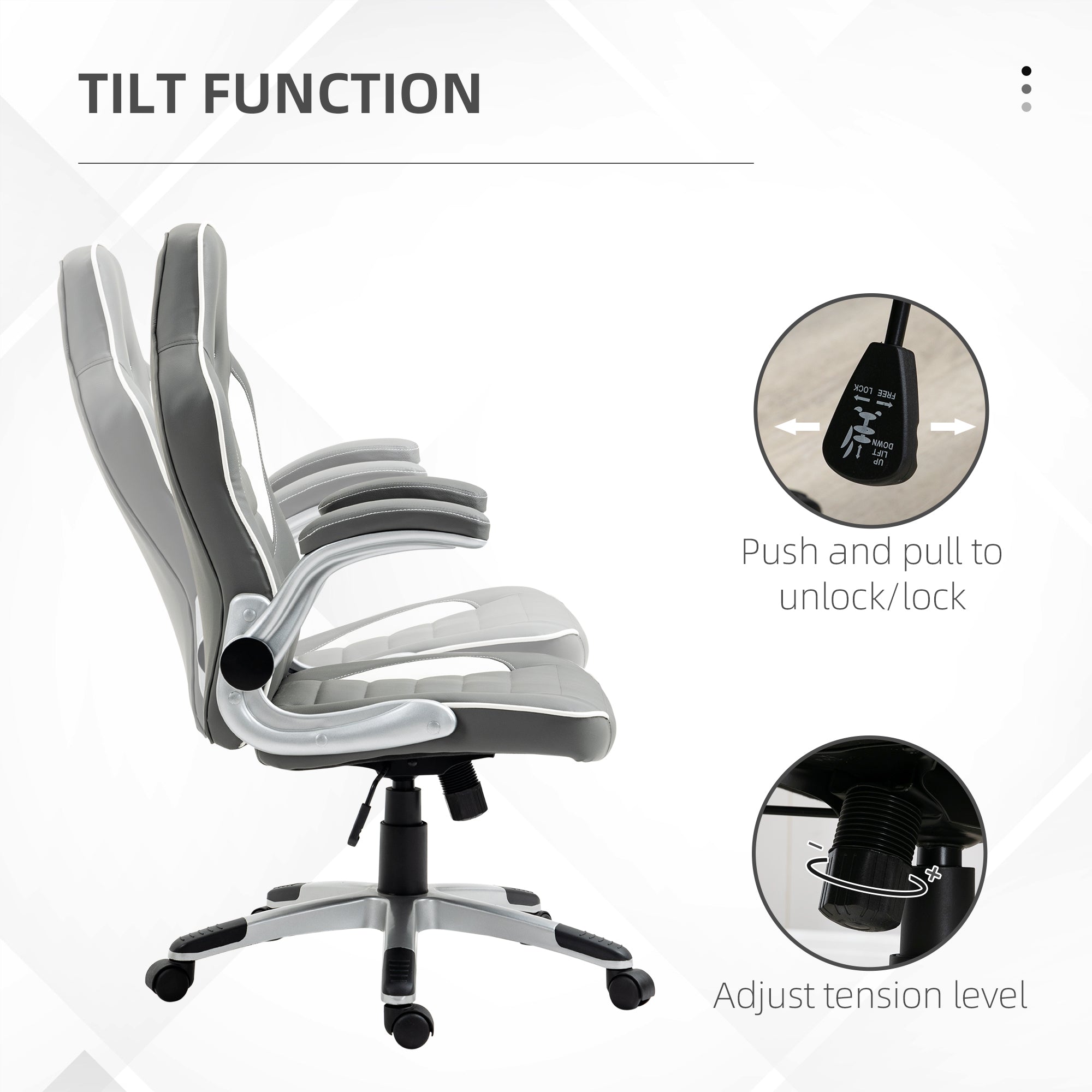 Computer Gaming Chair Adjustable Height Rolling Wheels 90° Flip-up Armrest PU Leather Grey