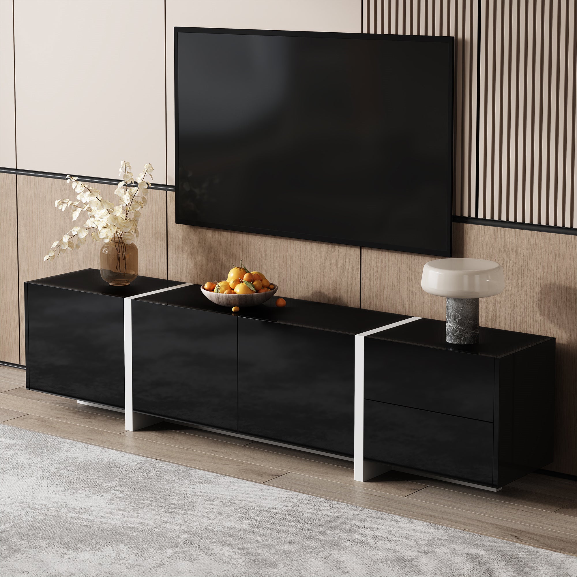 TV Cabinet, High-Gloss with Doors & Drawers, Black & White