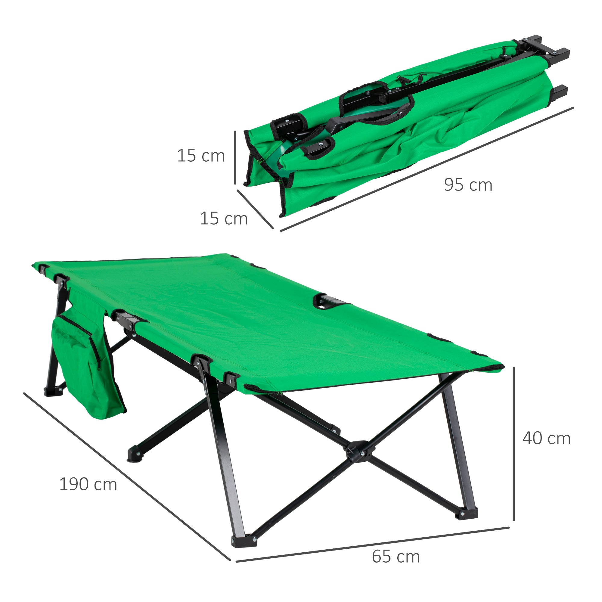 Camping Bed Foldable, 136 kg Load Capacity with Side Pocket, Oxford Green Black