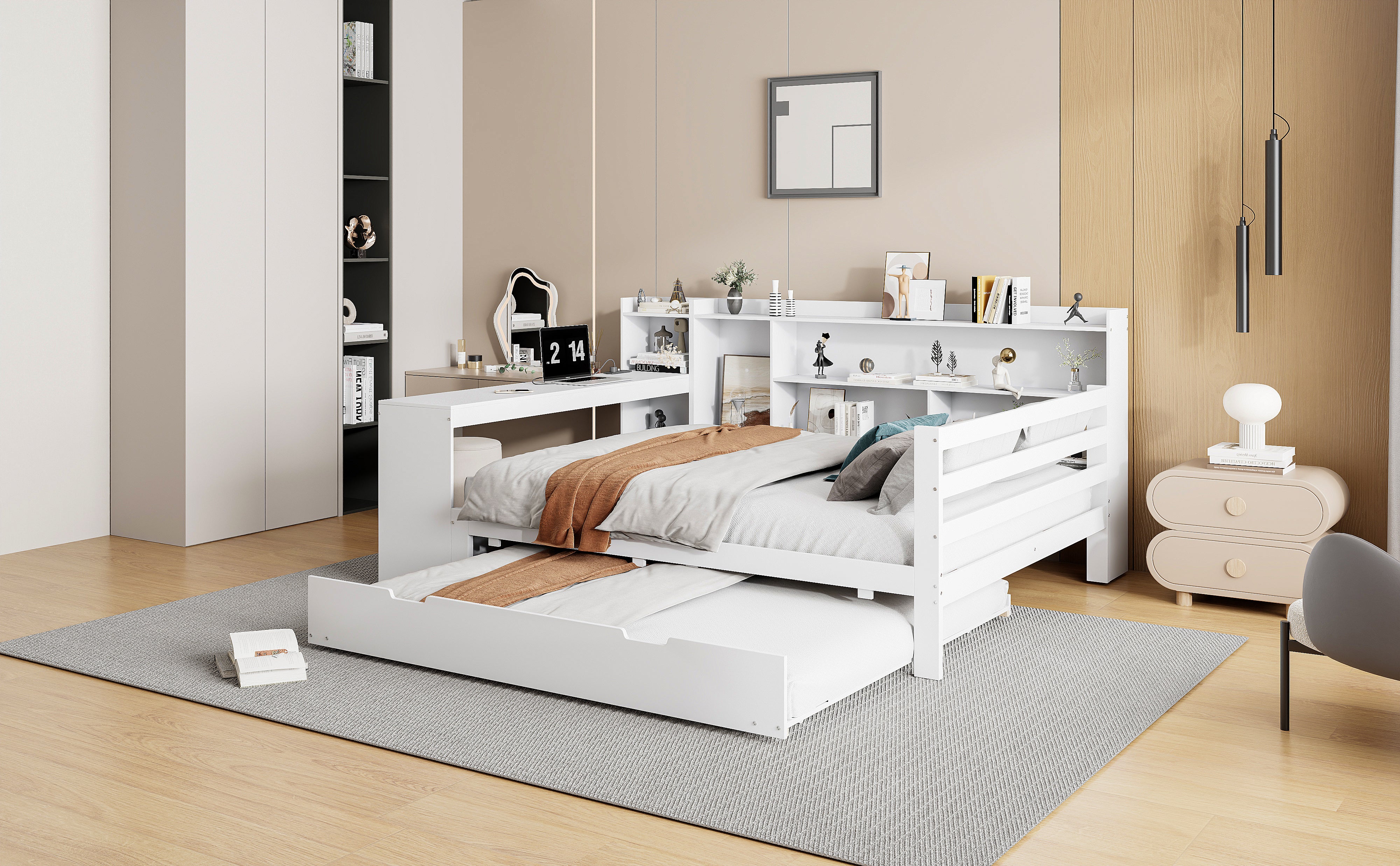 Sofa Bed, Multifunctional Double with Desk, Bookshelves, Storage, Power Outlets, Pull-Out Bed, Solid Wood