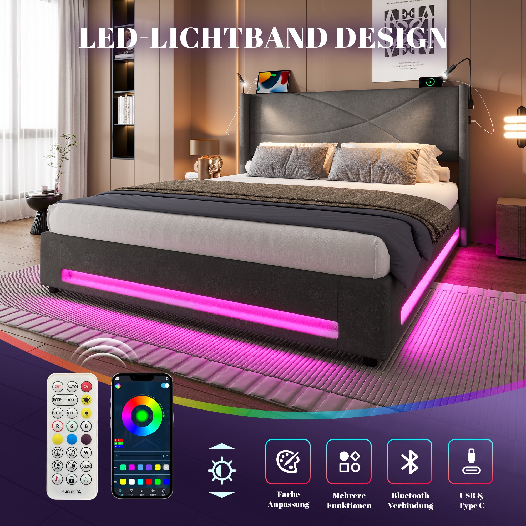 Bed Frame, Modern Design 160x200cm, Hydraulic Storage, LED Lights, USB Ports