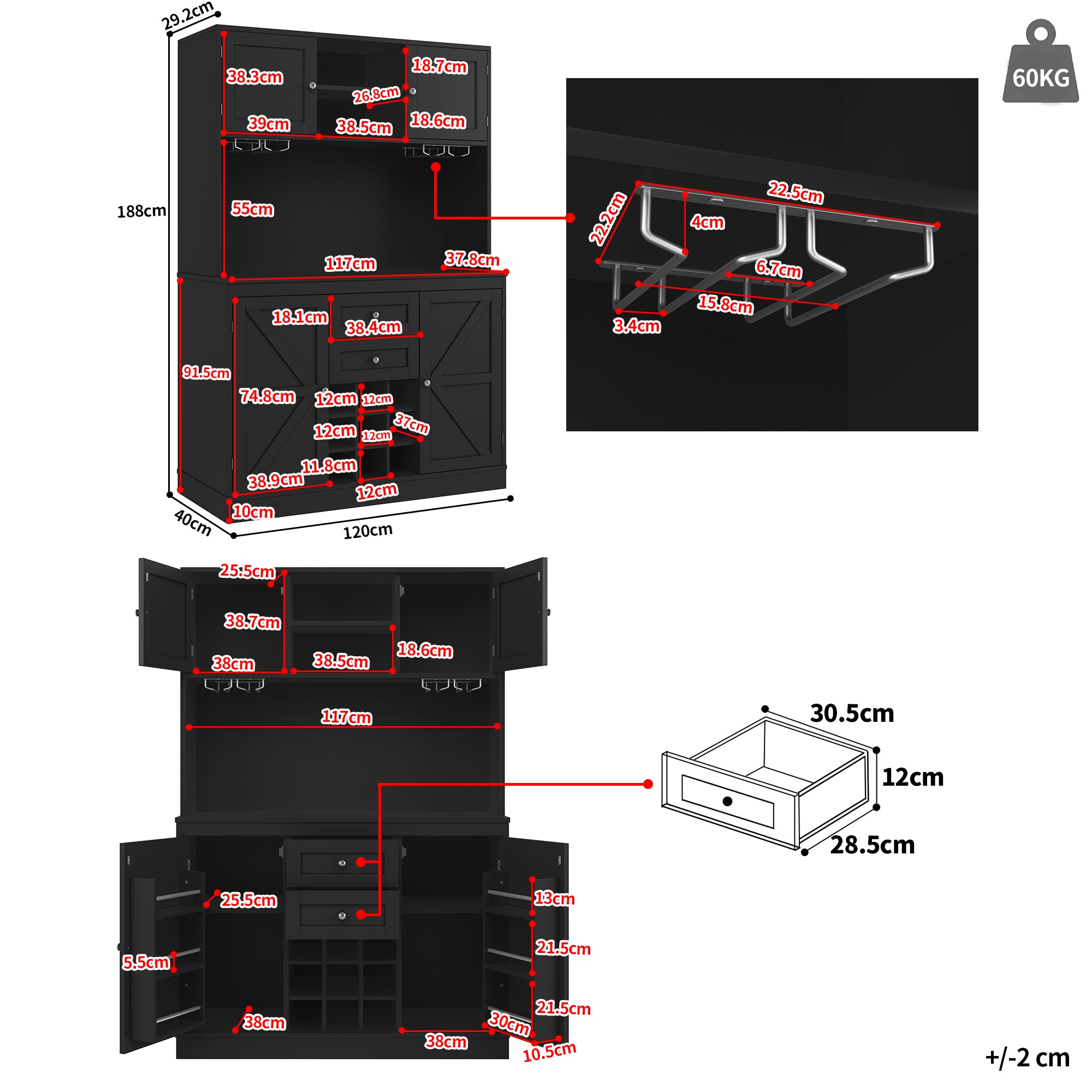 Tall Kitchen Buffet Cabinet with Adjustable Shelves, Wine Rack, 4 Doors & 2 Drawers - Black
