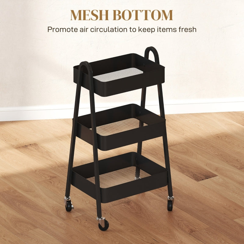 Three-Tier Storage Trolley with 4 Wheels & Mesh Shelves, Black Metal