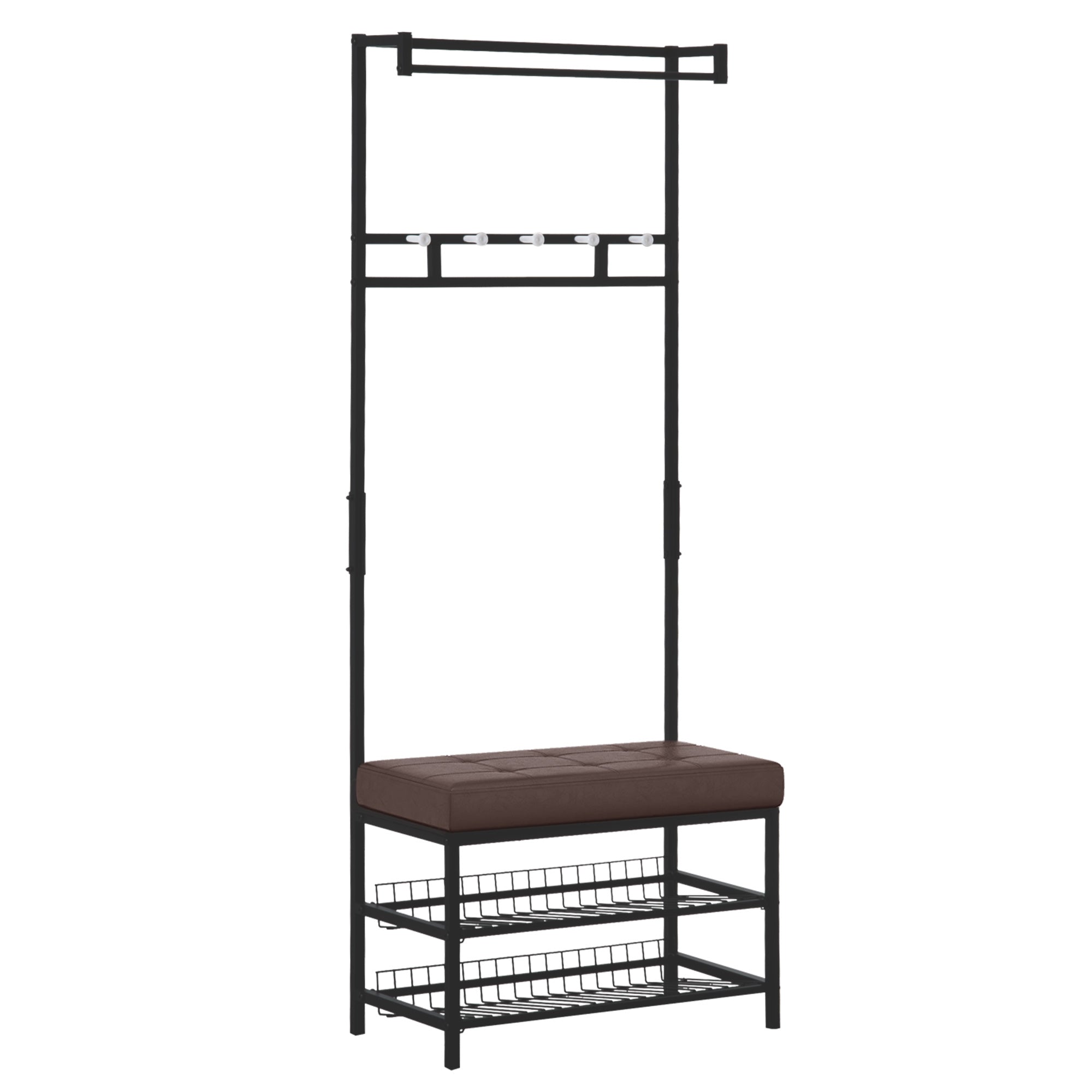 Coat rack with bench and shoe rack, 2 shoe shelves, metal