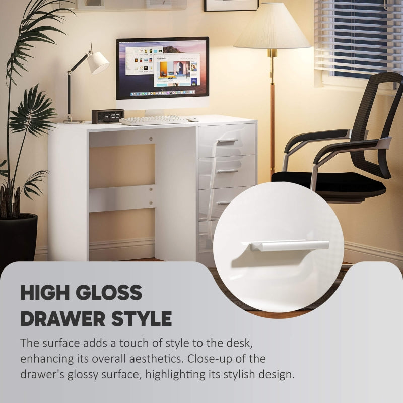 Computer Desk with Drawers, Dressing Table, High Gloss Workstation, White