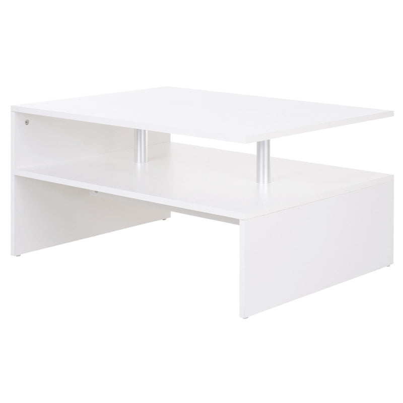 Coffee Table, Modern 2-Tier Storage Open Shelf Aluminium Poles, White