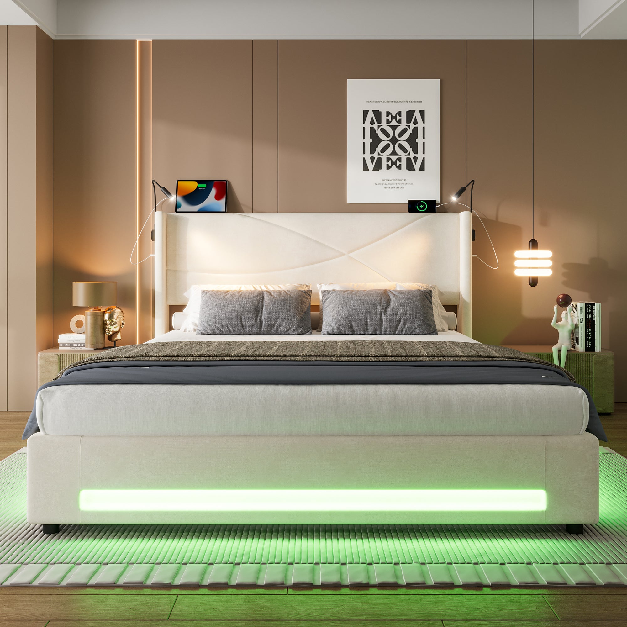 Bed Frame, Modern with Reading Lights, LED, Hydraulic Storage, USB Ports, 140x200cm
