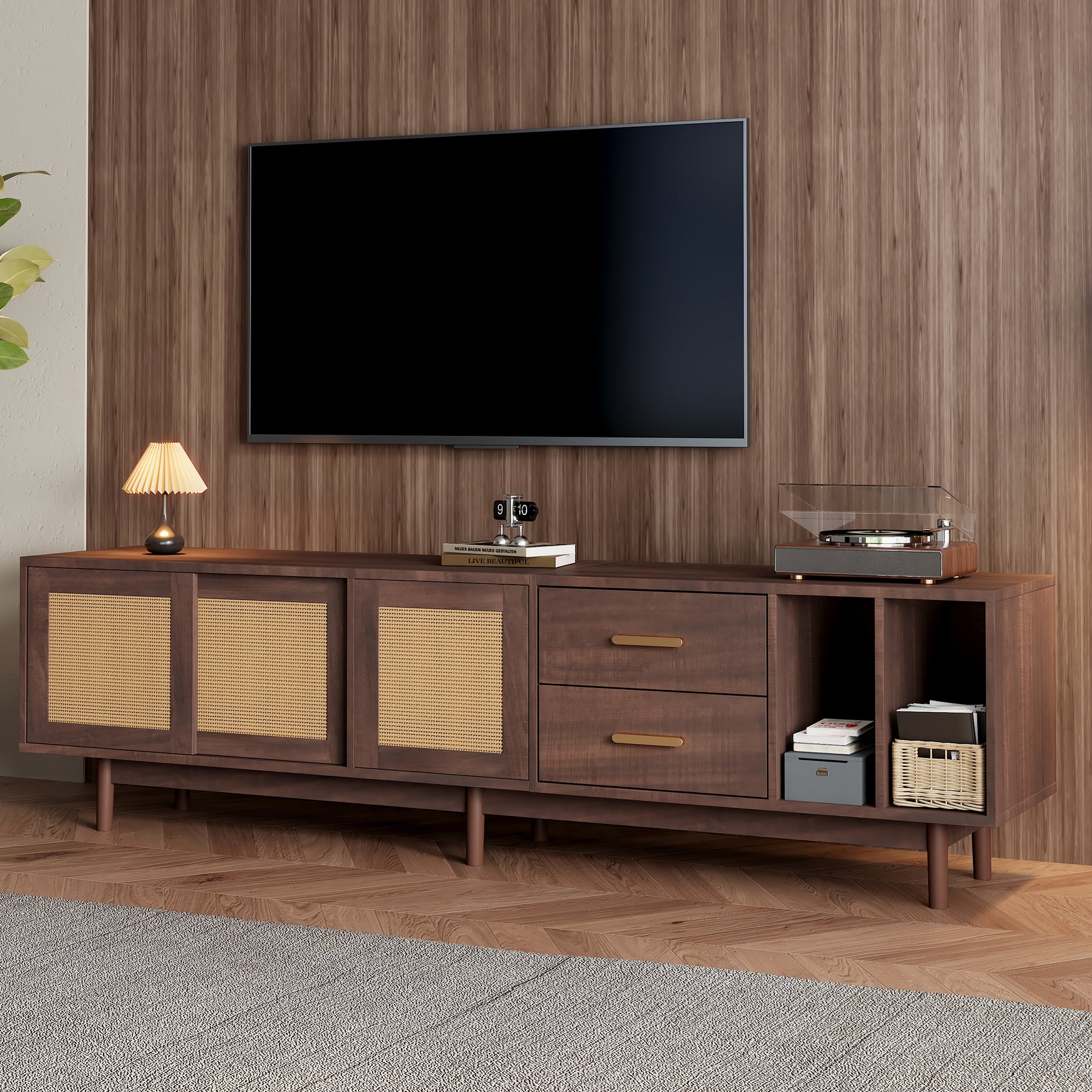 TV Cabinet, 190x40x52cm Lowboard with Drawers, Rattan MDF, Brown