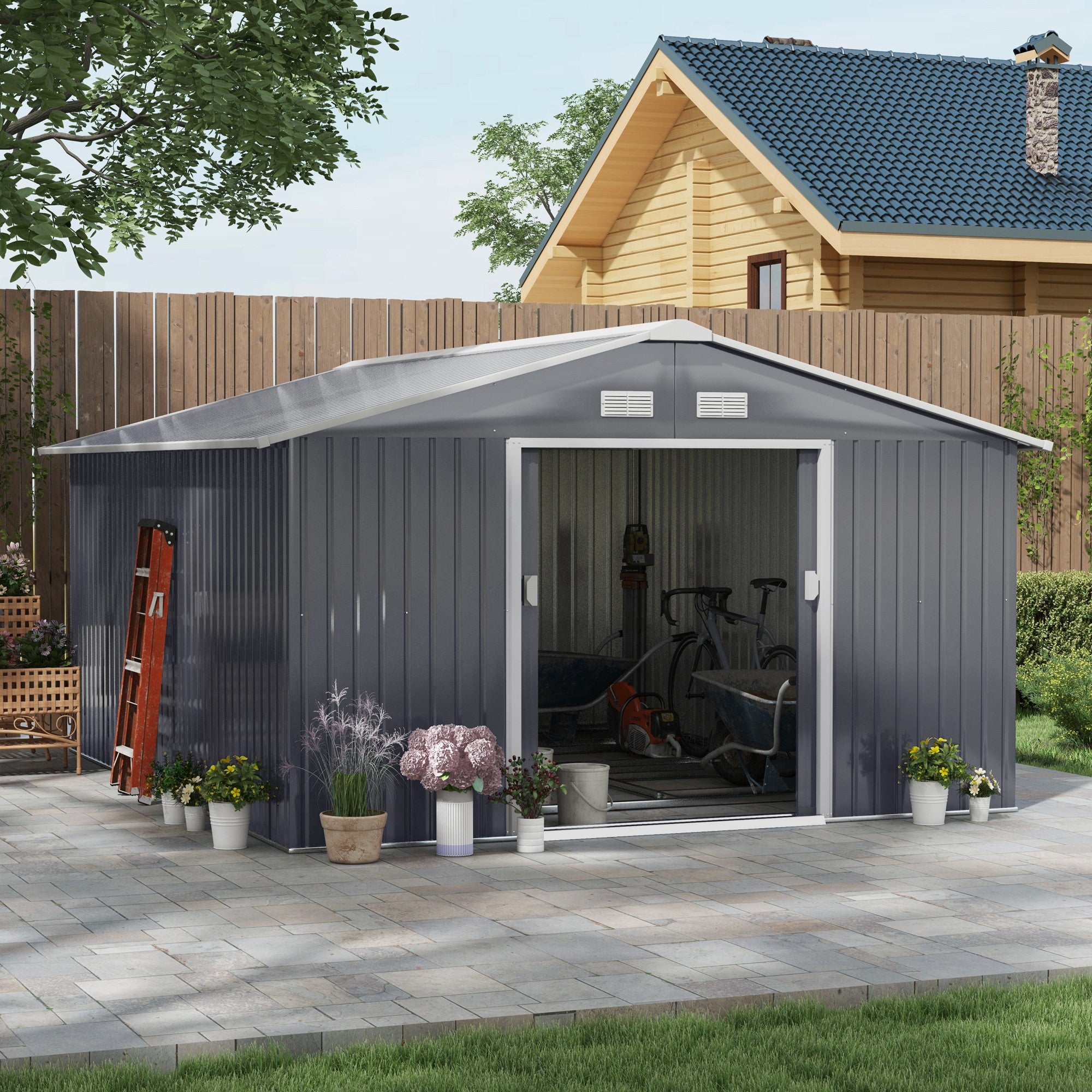 Metal Garden Shed, Outdoor Storage Tool House with Ventilation, Foundation Kit, Lockable Double Doors, Grey