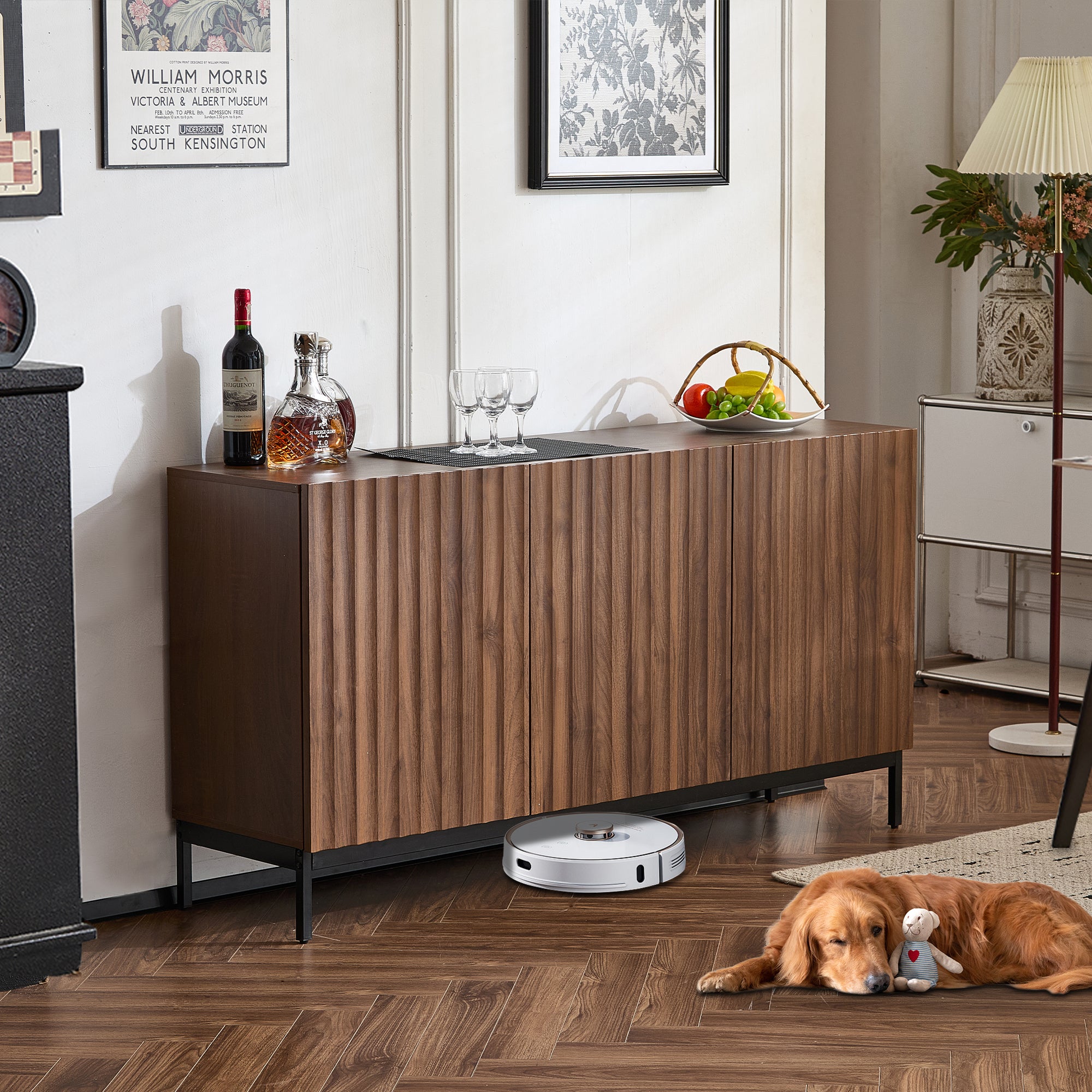 Sideboard Mid-Century Modern 3-Door 150cm with Wavy 3D Design Dark Grained Oak