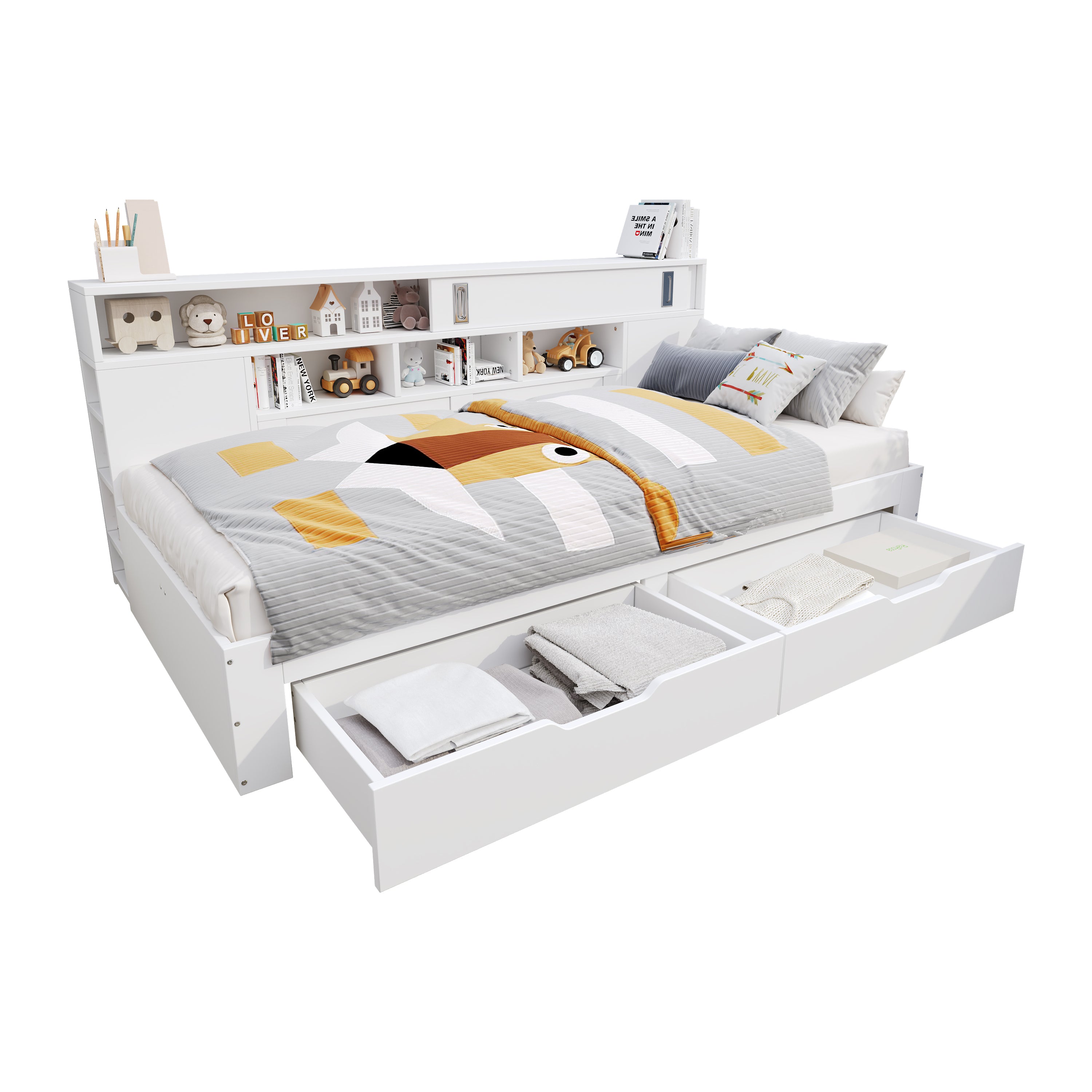 Daybed Single Bed 90x200cm Multifunctional Drawers Bookshelf Storage - White