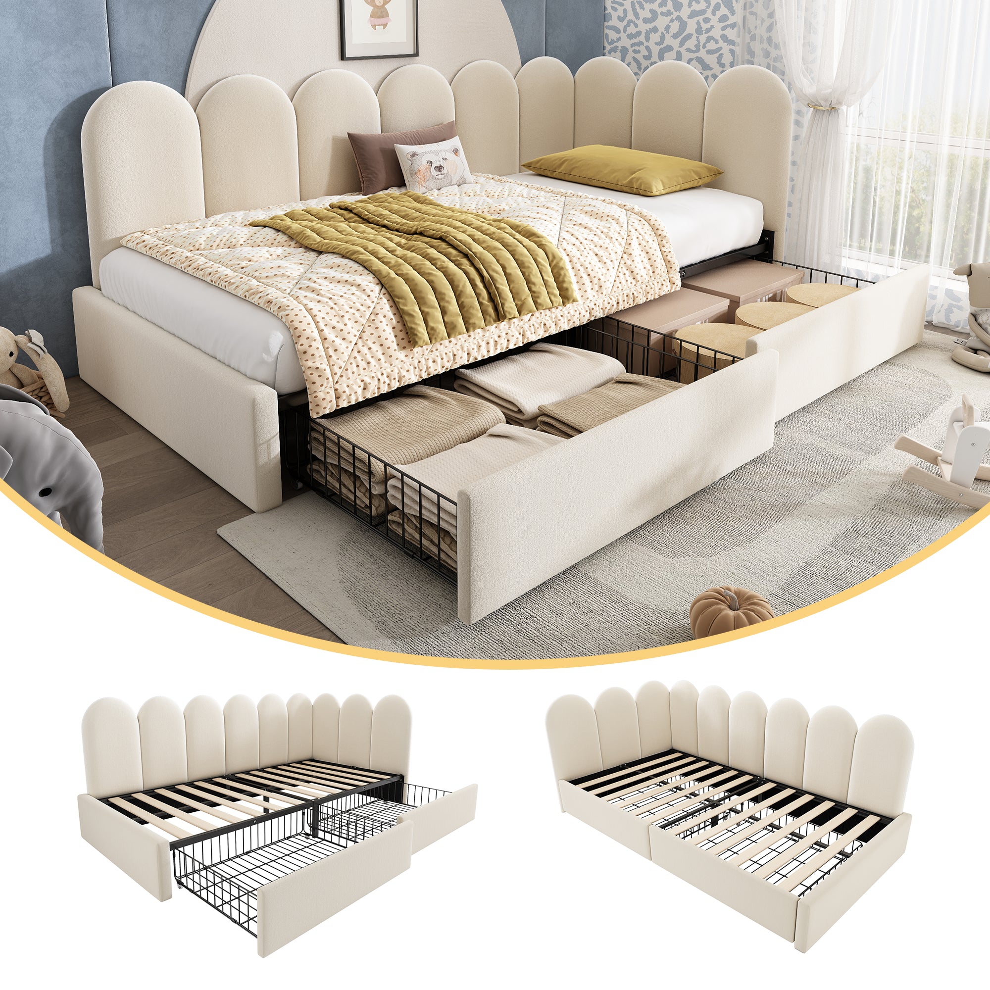 Upholstered single bed with drawers, storage bed in velvet, daybed / sofa bed, 90 × 190 cm, with slatted base, suitable for teenagers and adults, children’s bed, beige (mattress not included)