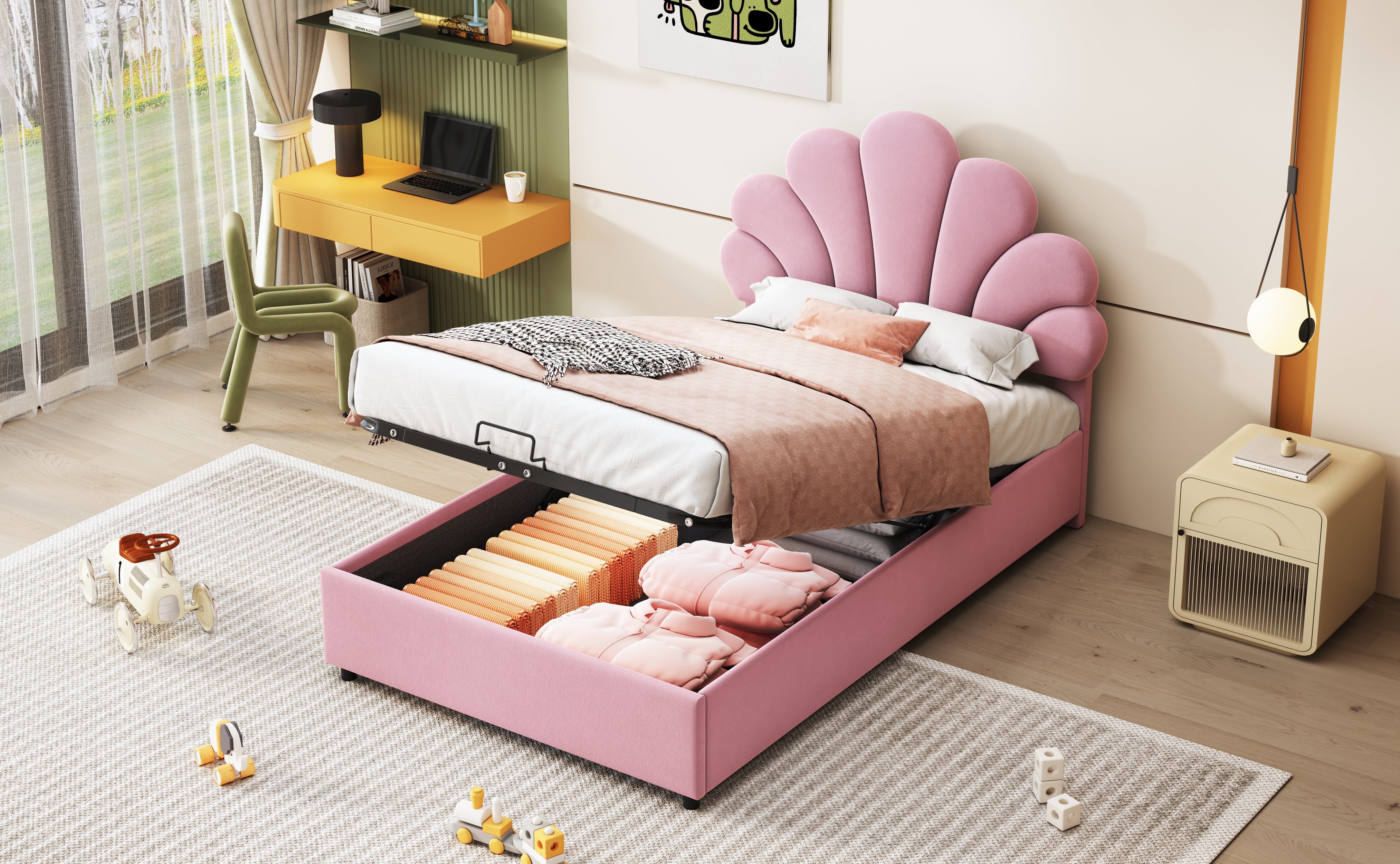 Upholstered Children's Bed 90 x 200 cm, Floral Headboard, Hydraulic Storage, Pink Velvet