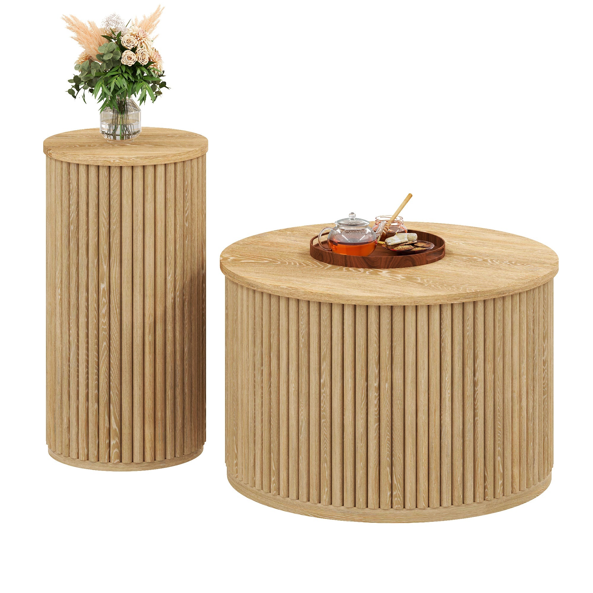 Coffee Table Double Round/Side Table Natural Wood Slats