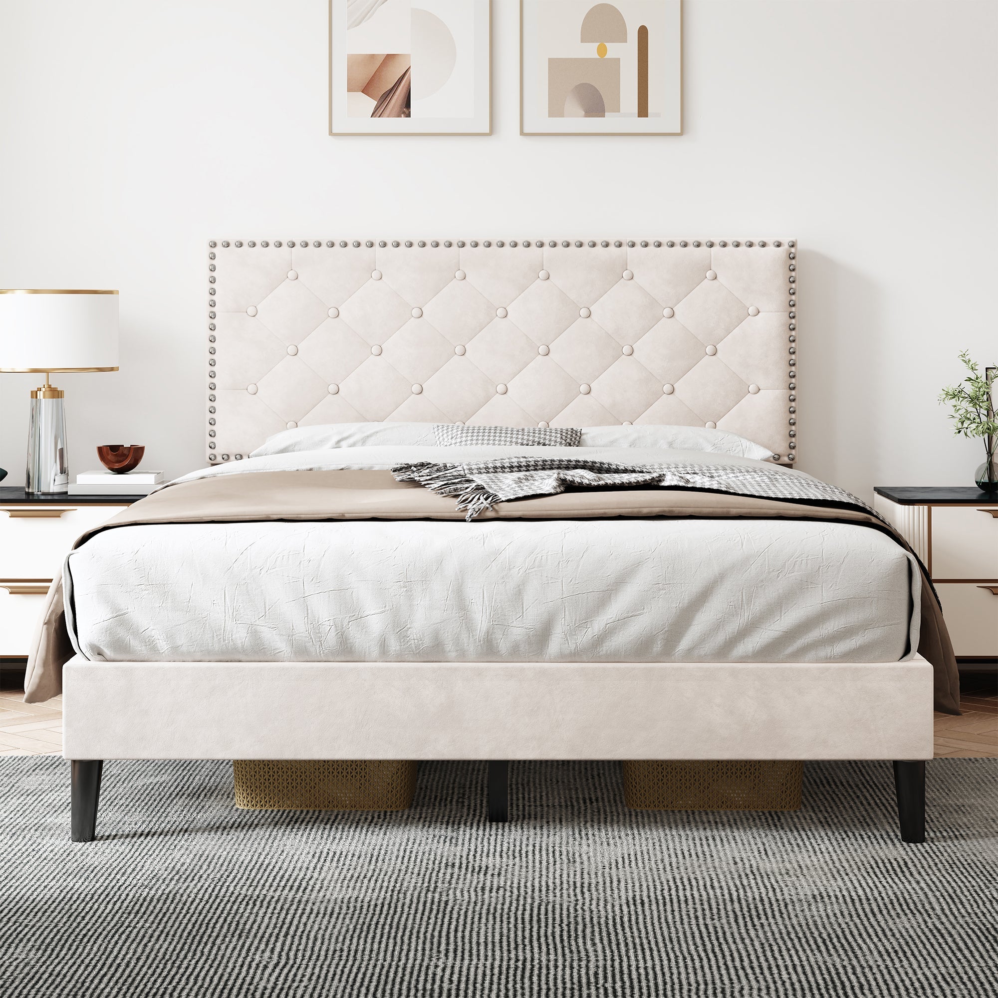 4ft6 Double Upholstered Velvet Bed Frame, Adjustable Button-Tufted & Riveted Headboard, Beige Velvet