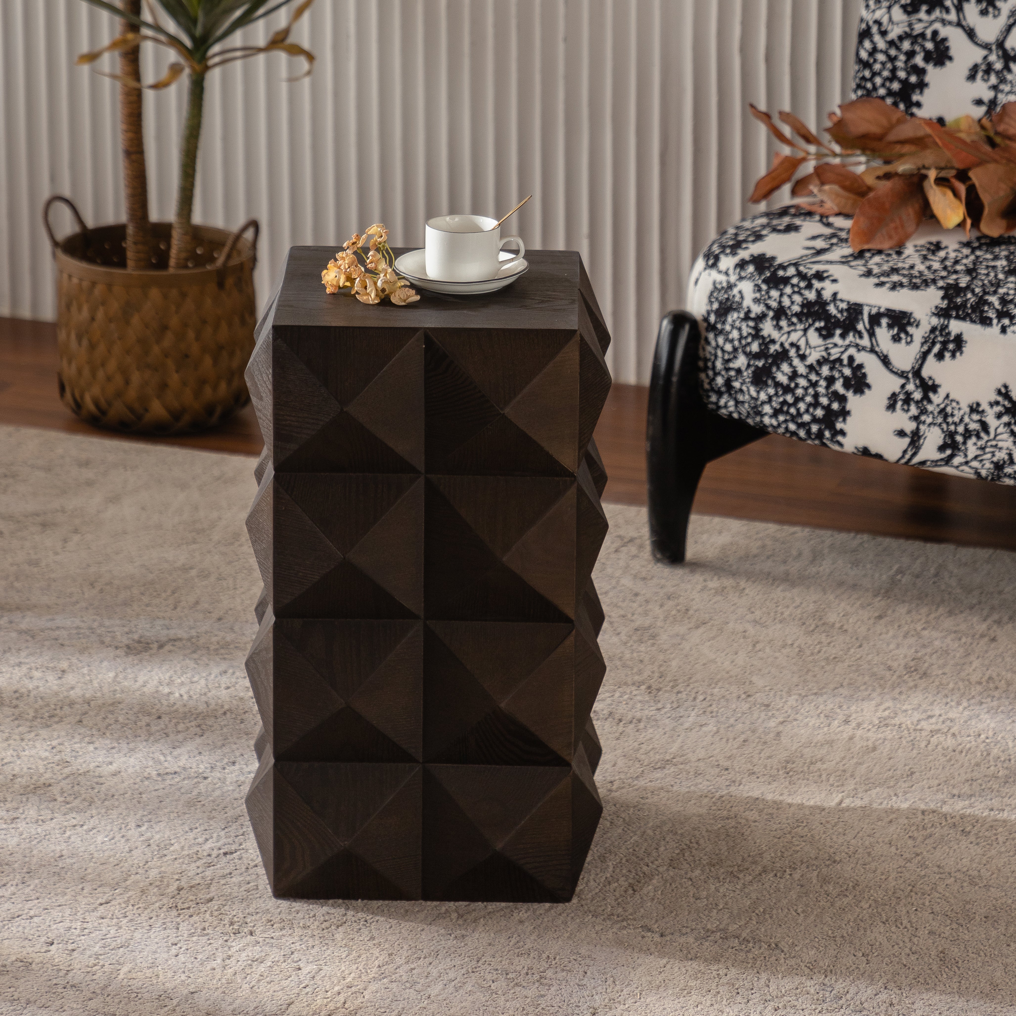 60cm height three-dimensional embossed pattern design retro side table retro wooden nightstand brown