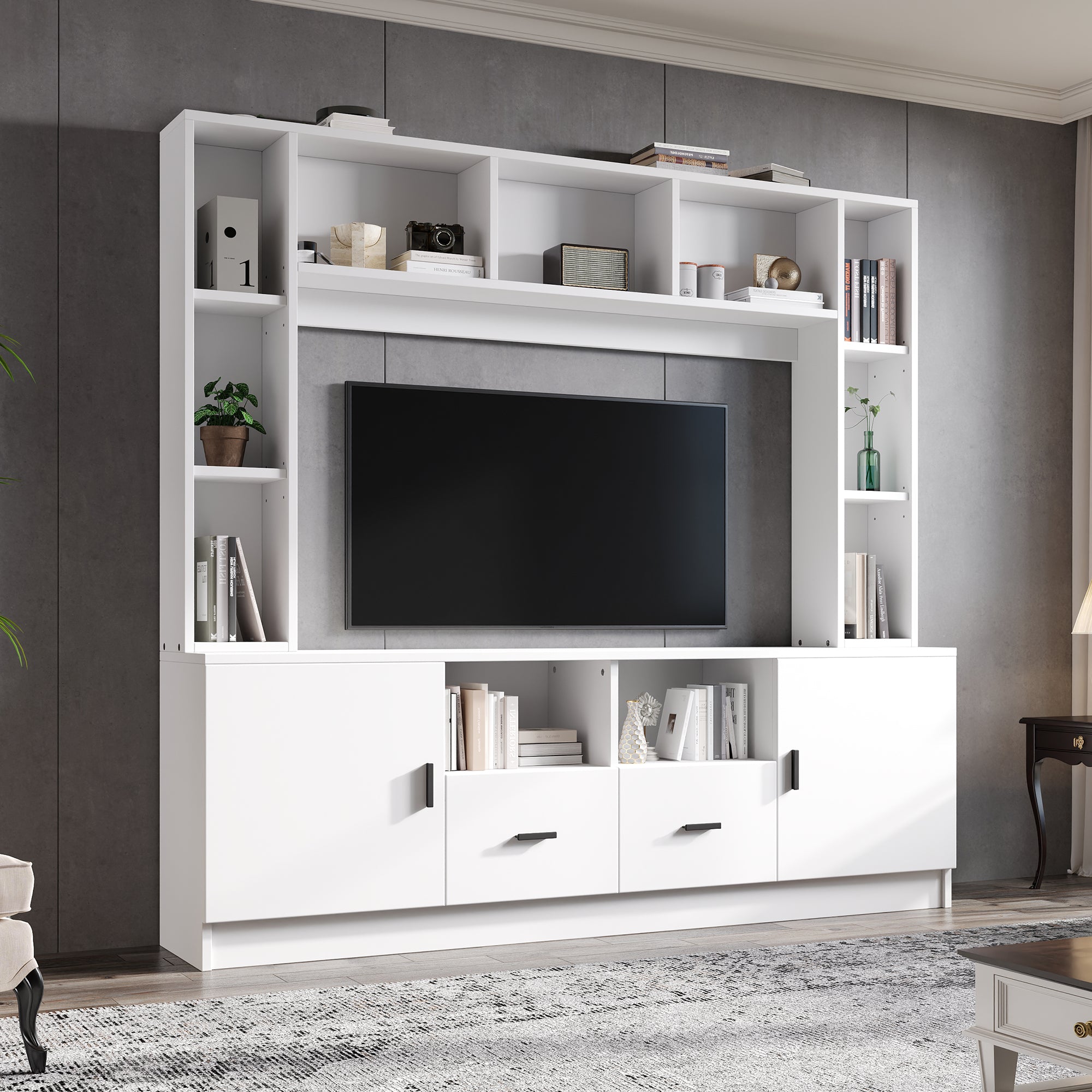TV Wall Unit Set with Display Cabinet, Media Stand, Shelf, 2 Cabinets, 2 Drawers, for up to 60" TV, White