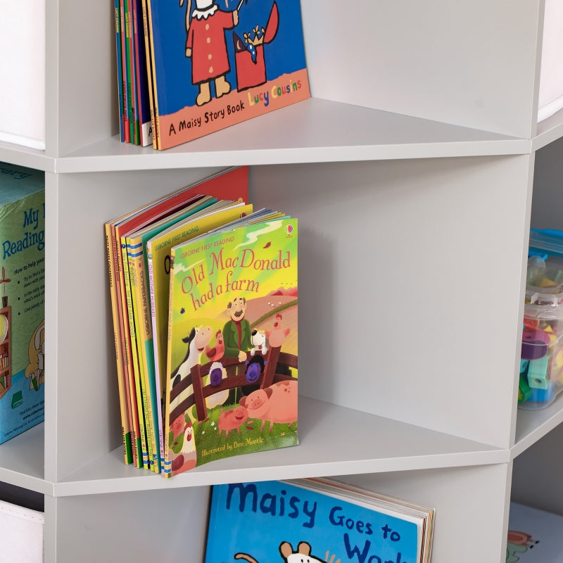 Children's corner shelf with 3 storage boxes, toy storage, gray