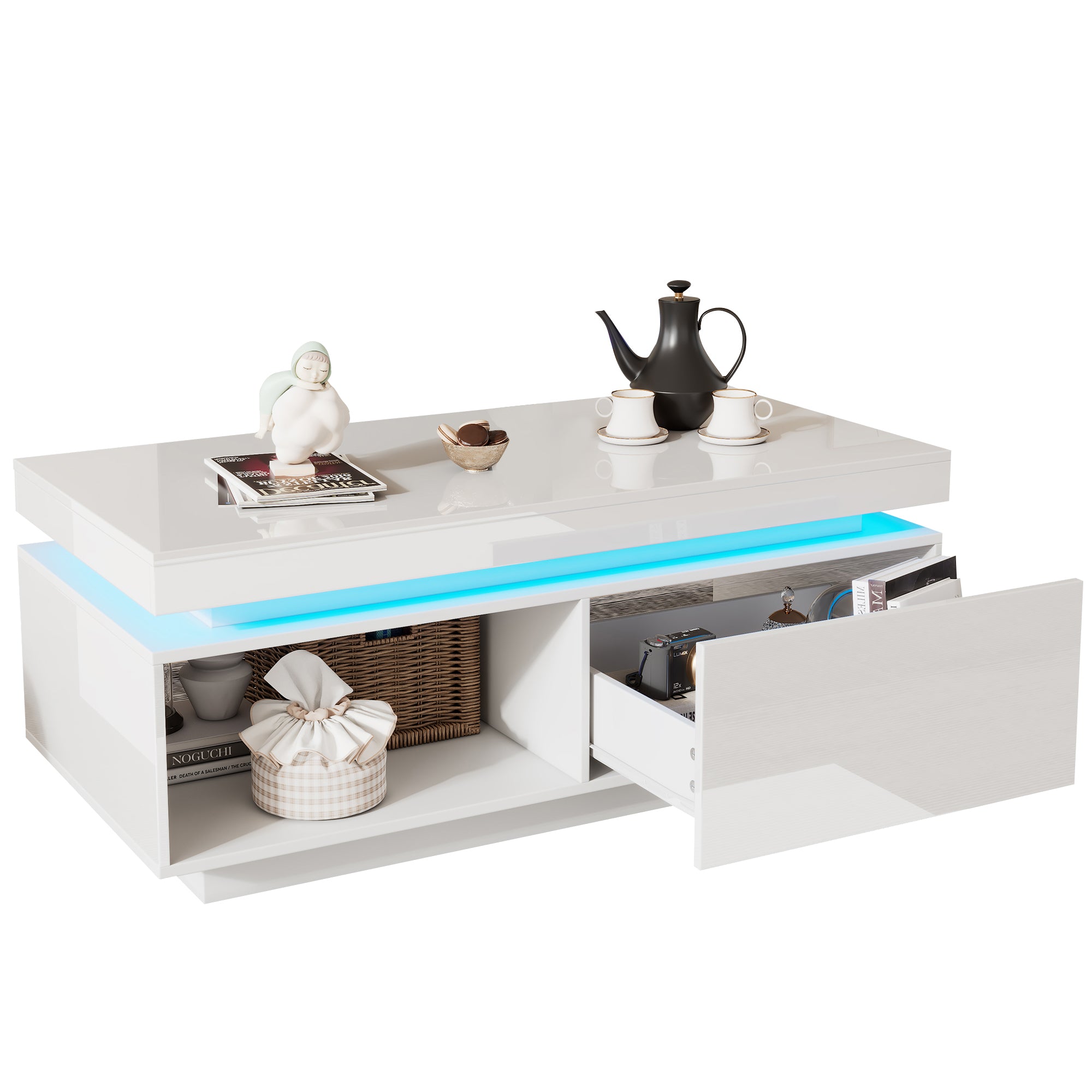 Modern high-gloss coffee table with LED lighting and drawer, 50 kg capacity