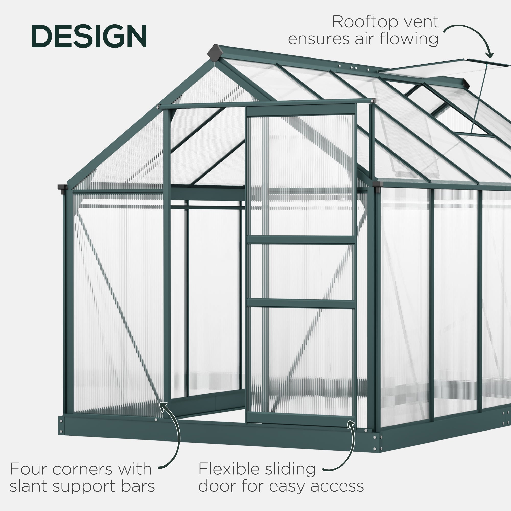 6 x 10ft Polycarbonate Greenhouse, Walk-In with Slide Door and Window, Dark Green