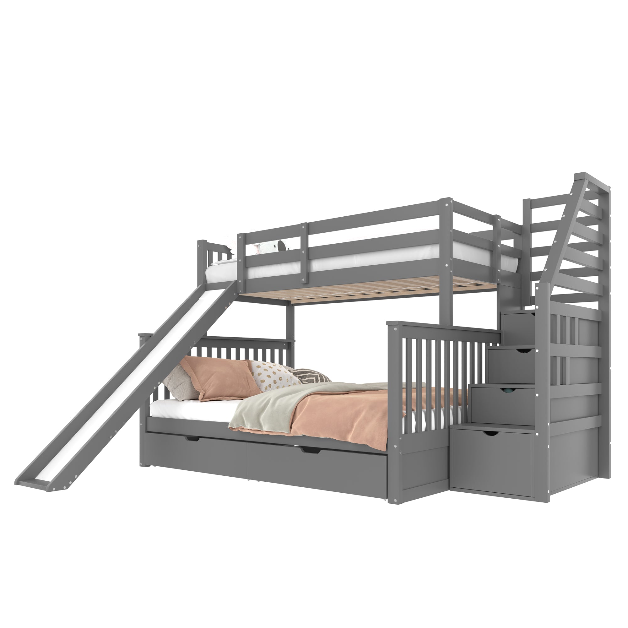 Bunk bed, 90 x 200 over 140 x 200, drawers, storage, slide, grey