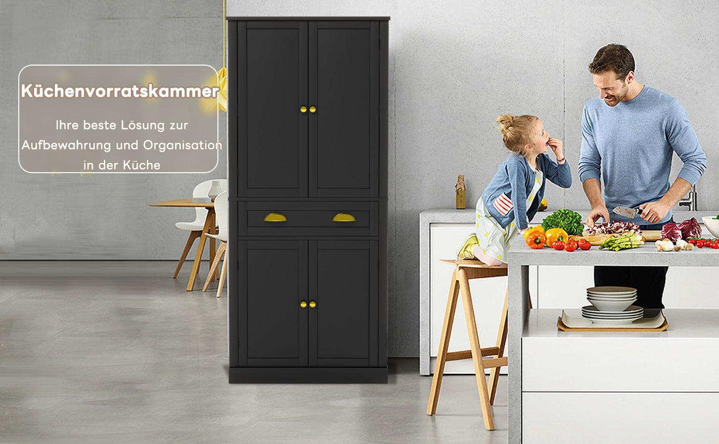 Storage Cabinet 182cm 4 Doors 1 Drawer Adjustable Shelves - Black