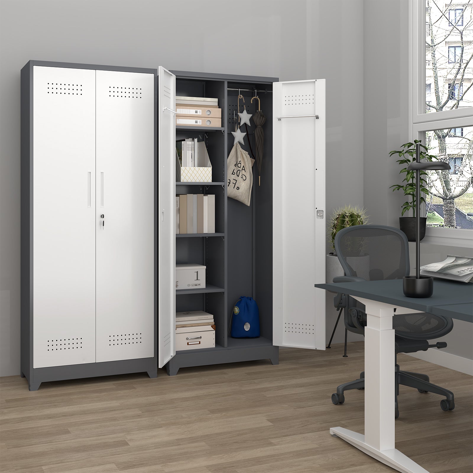 Broom Storage Cabinet with Locking Doors, Hanging Rod and S-Hooks, 65 Inch Metal, Gray