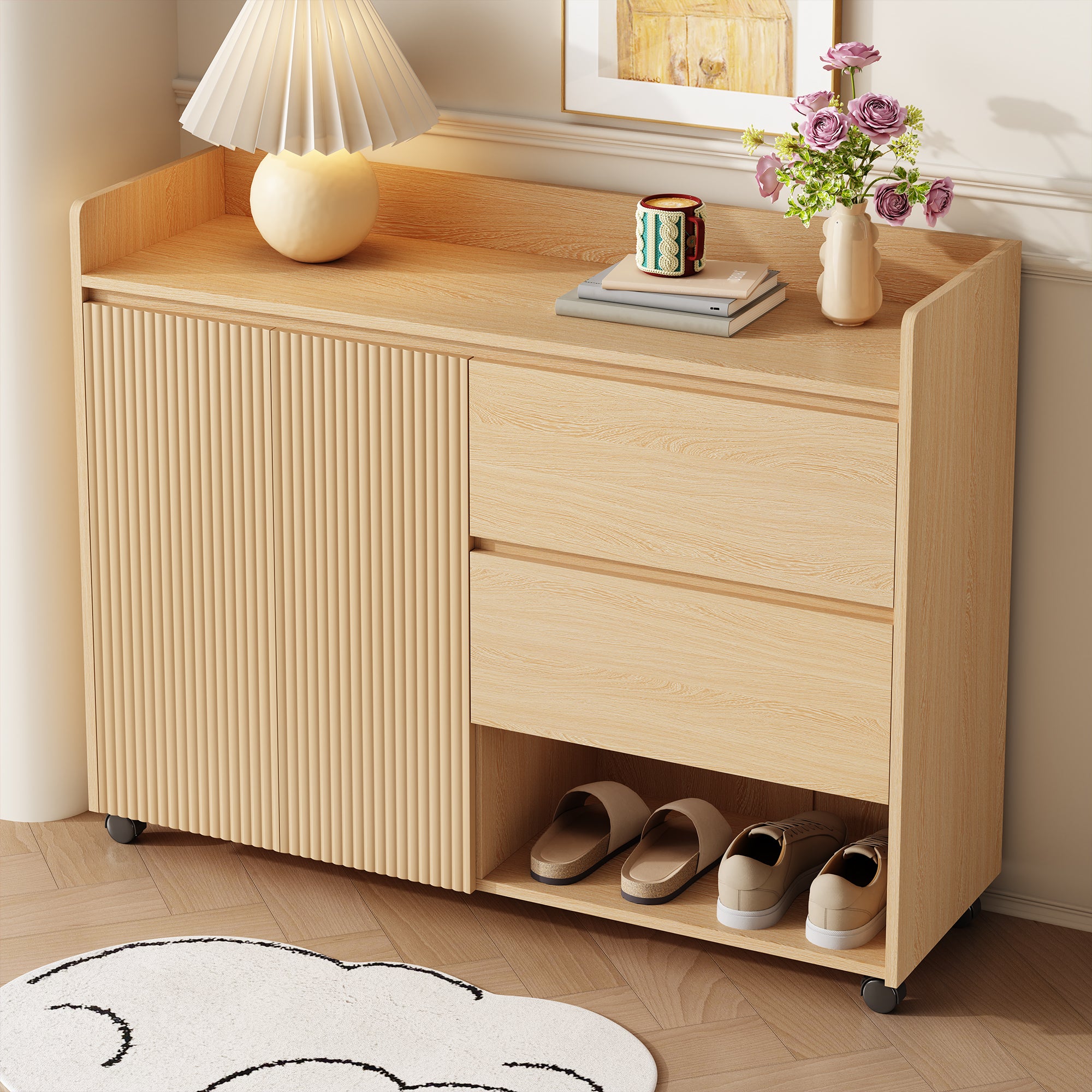 Shoe Cabinet Mobile with Adjustable Dividers, Natural MDF