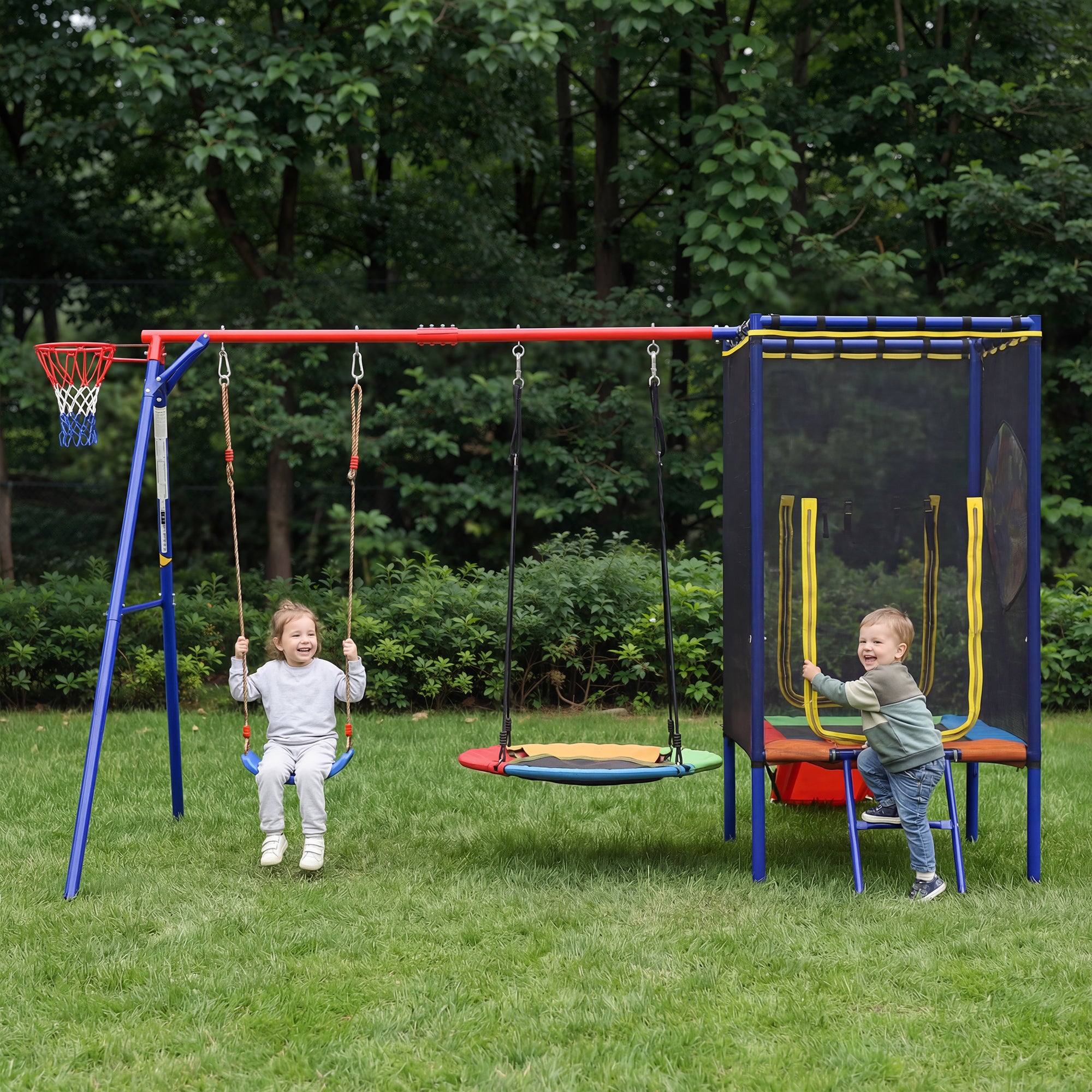 Multifunctional Outdoor Swing Set with Trampoline, Slide, Basketball Hoop and Nest Swing, Stable Steel Construction