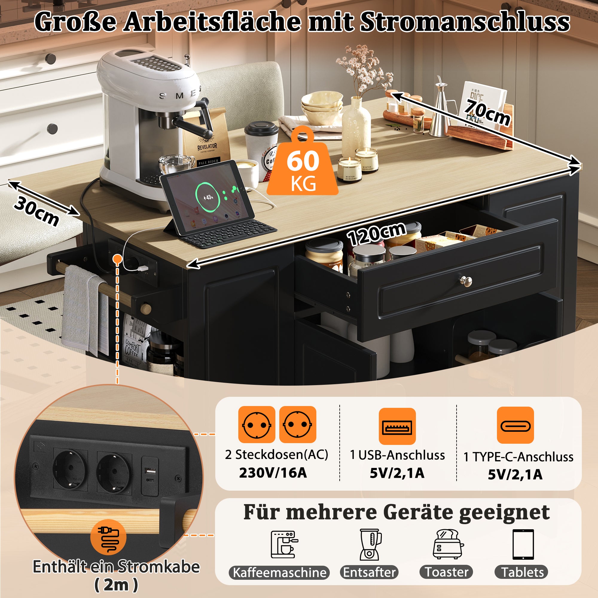 Mobile Kitchen Island Extendable Dining Area Drawers Waste Bin - Black