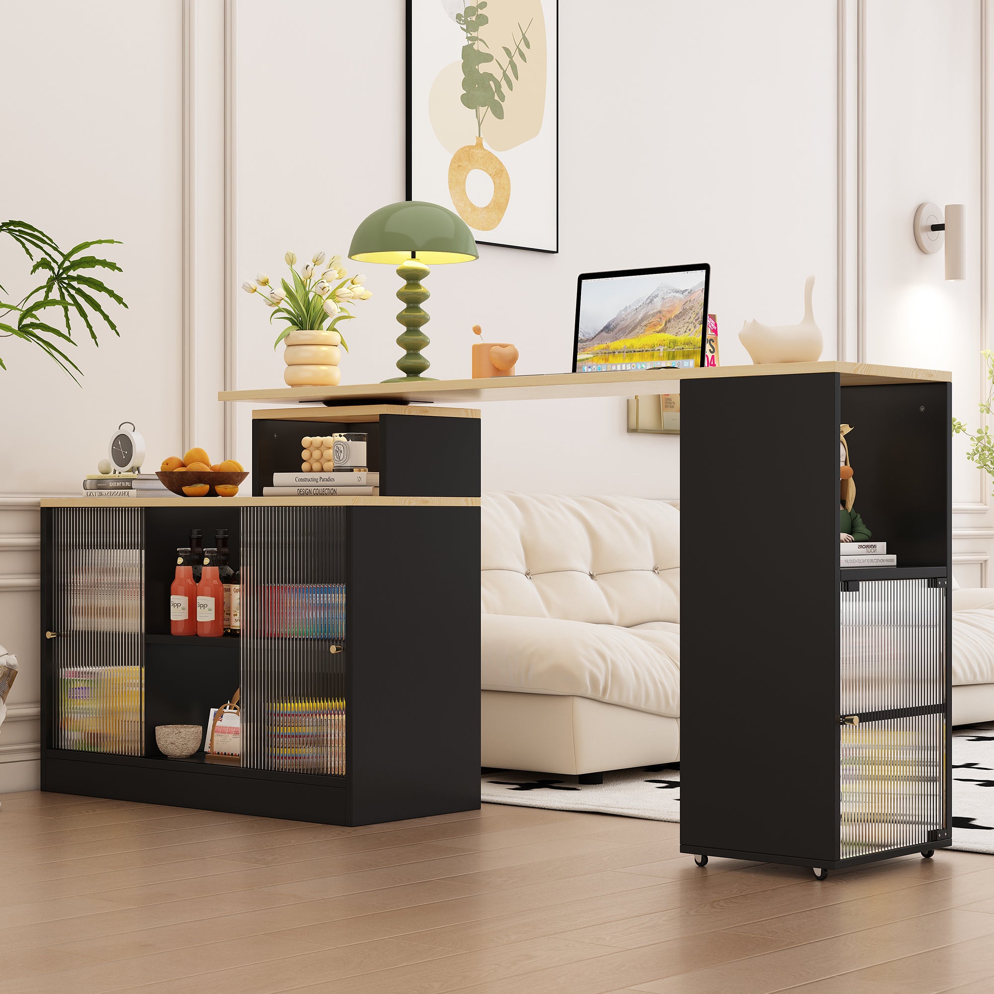 Extendable Bar Table Movable Swivel Storage Black