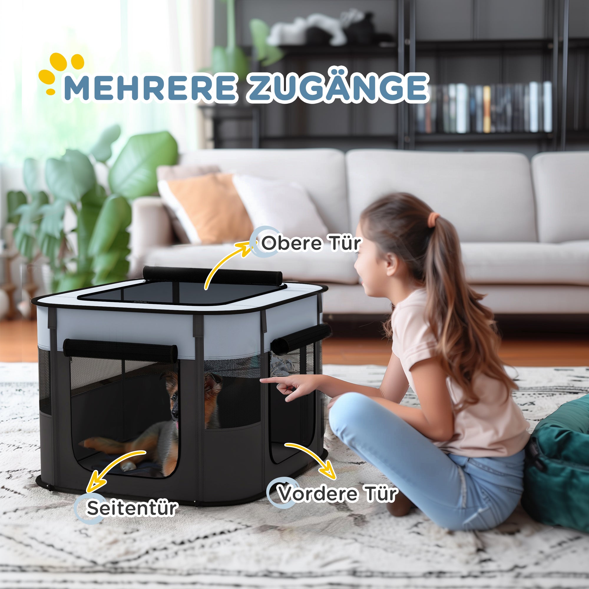 Puppy Playpen Foldable with Doors, Windows, Breathable Mesh, 74x60x45cm Grey