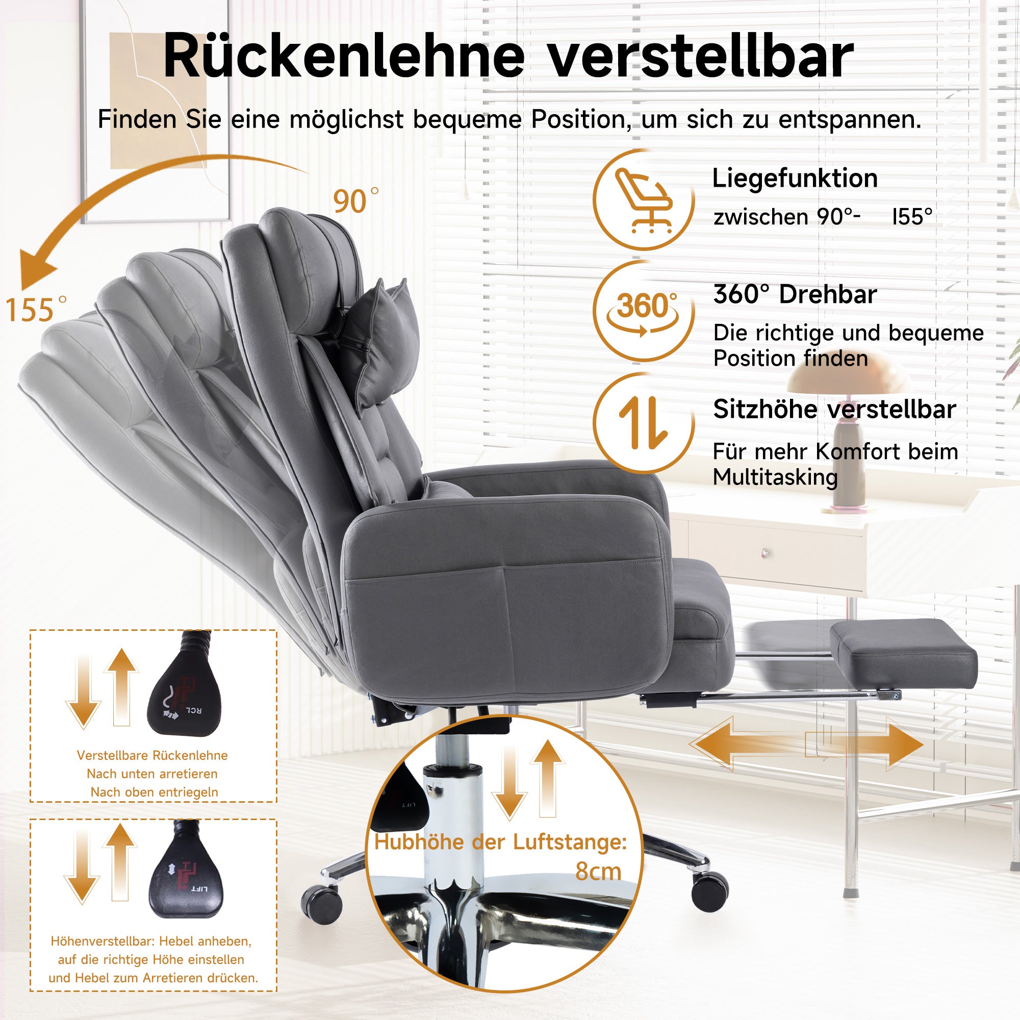 Swivel Ergonomic Office Chair High Back Lumbar Headrest 155° Reclining - DARK GREY Technology Leather