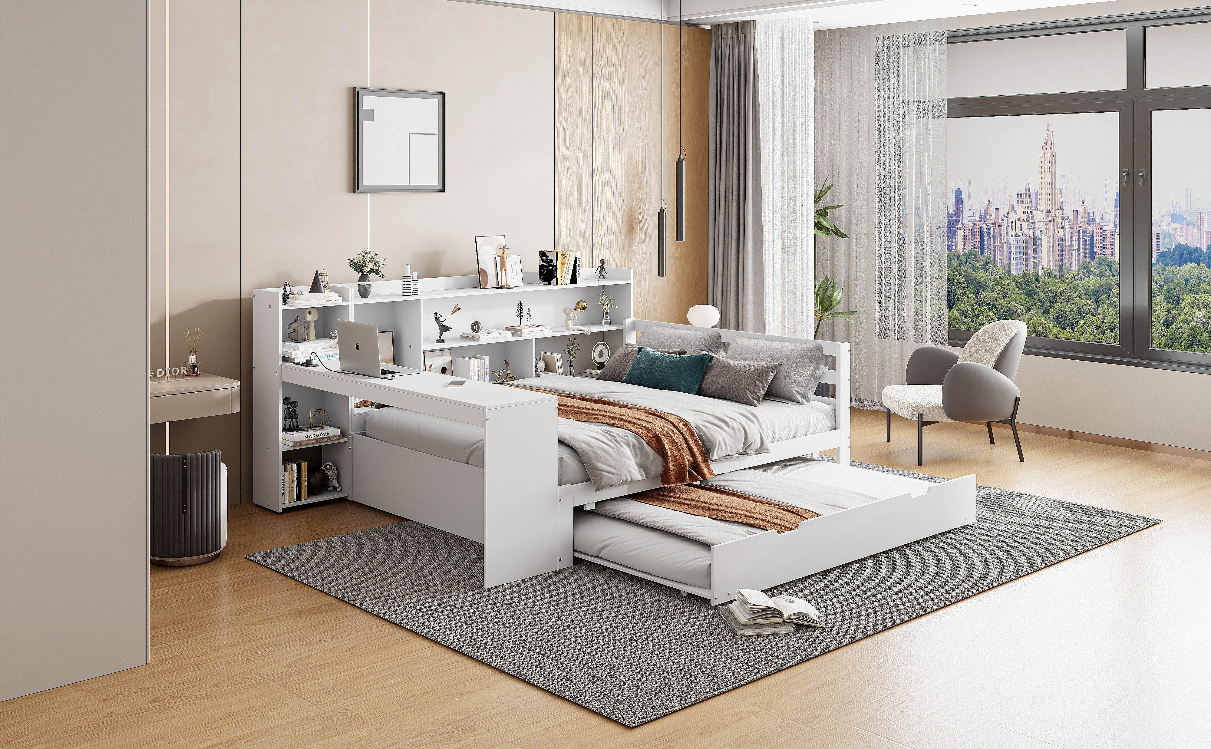 Sofa Bed, Multifunctional Double with Desk, Bookshelves, Storage, Power Outlets, Pull-Out Bed, Solid Wood