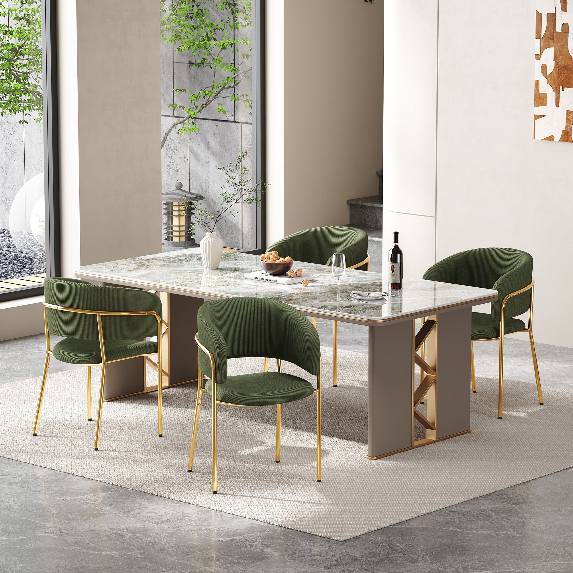 4 Modern Chairs, Angled Legs Adjustable Feet, Corduroy Fabric (Green)