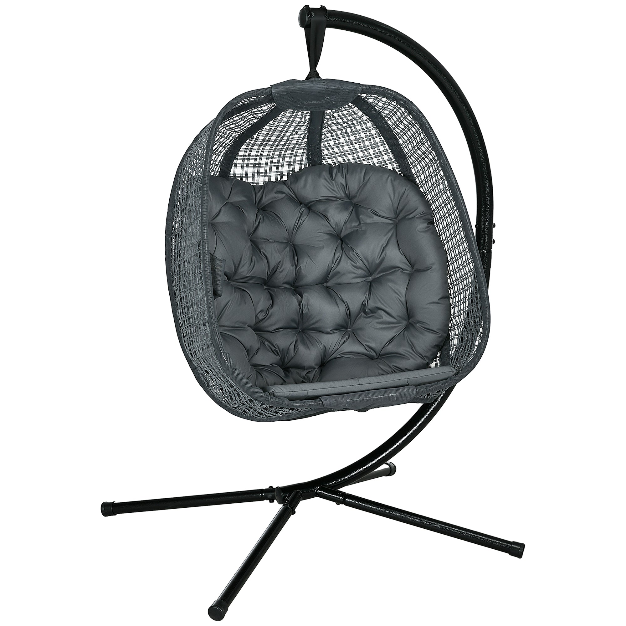 Outdoor Swing Chair, Hanging Egg Chair with Foldable Basket & Cup Holder, Dark Grey Steel