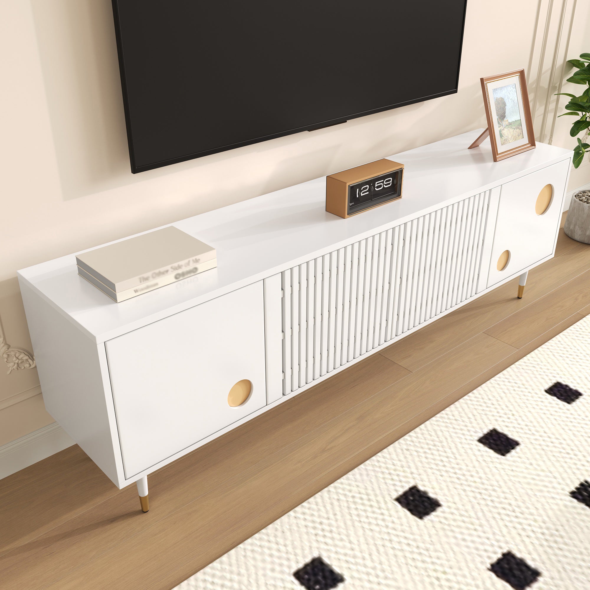 TV Cabinet, Lattice & Hidden Handles, Solid Wood Doors, Gold Decor