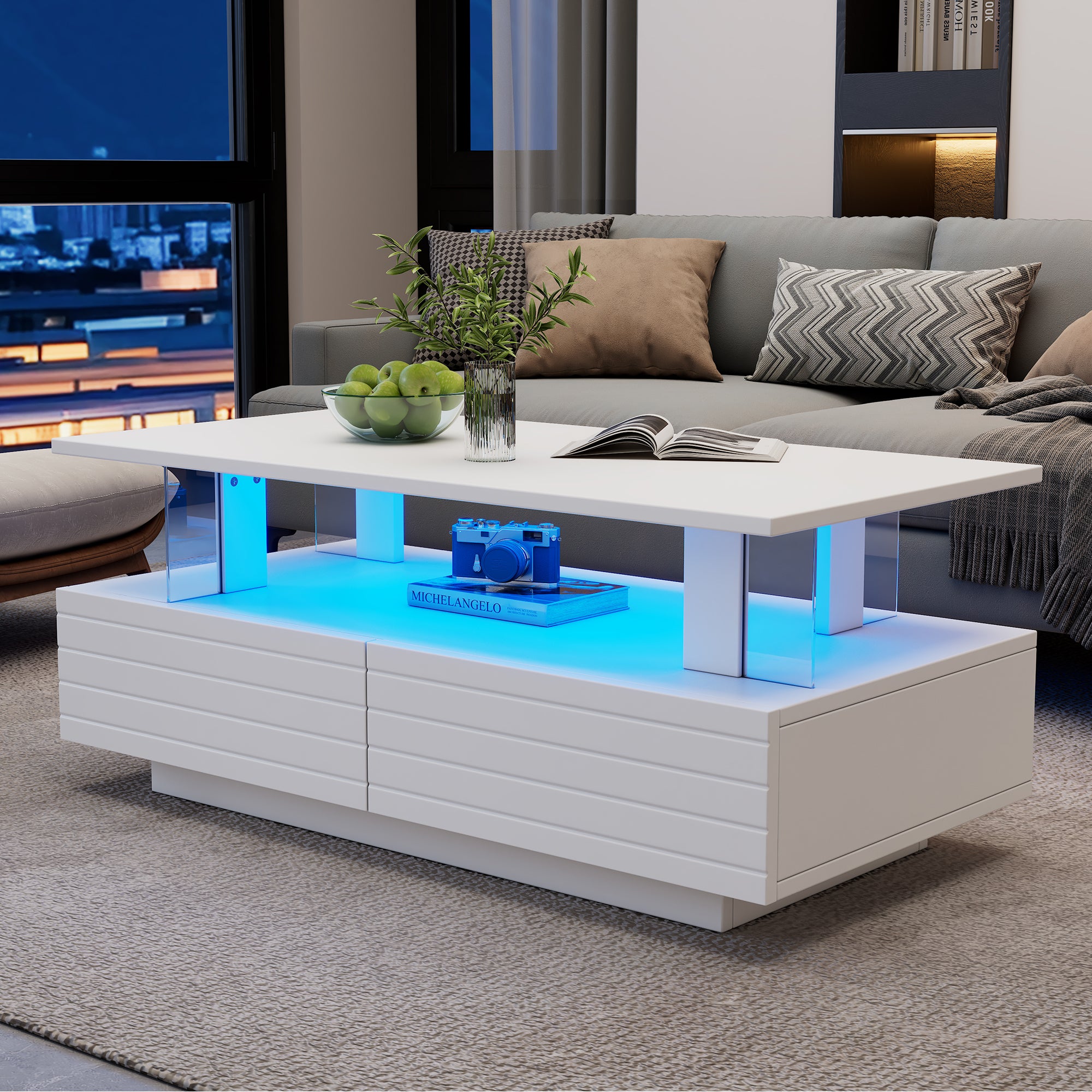 LED Coffee Table, Storage, Double-Layer Rectangular with Bluetooth App, White