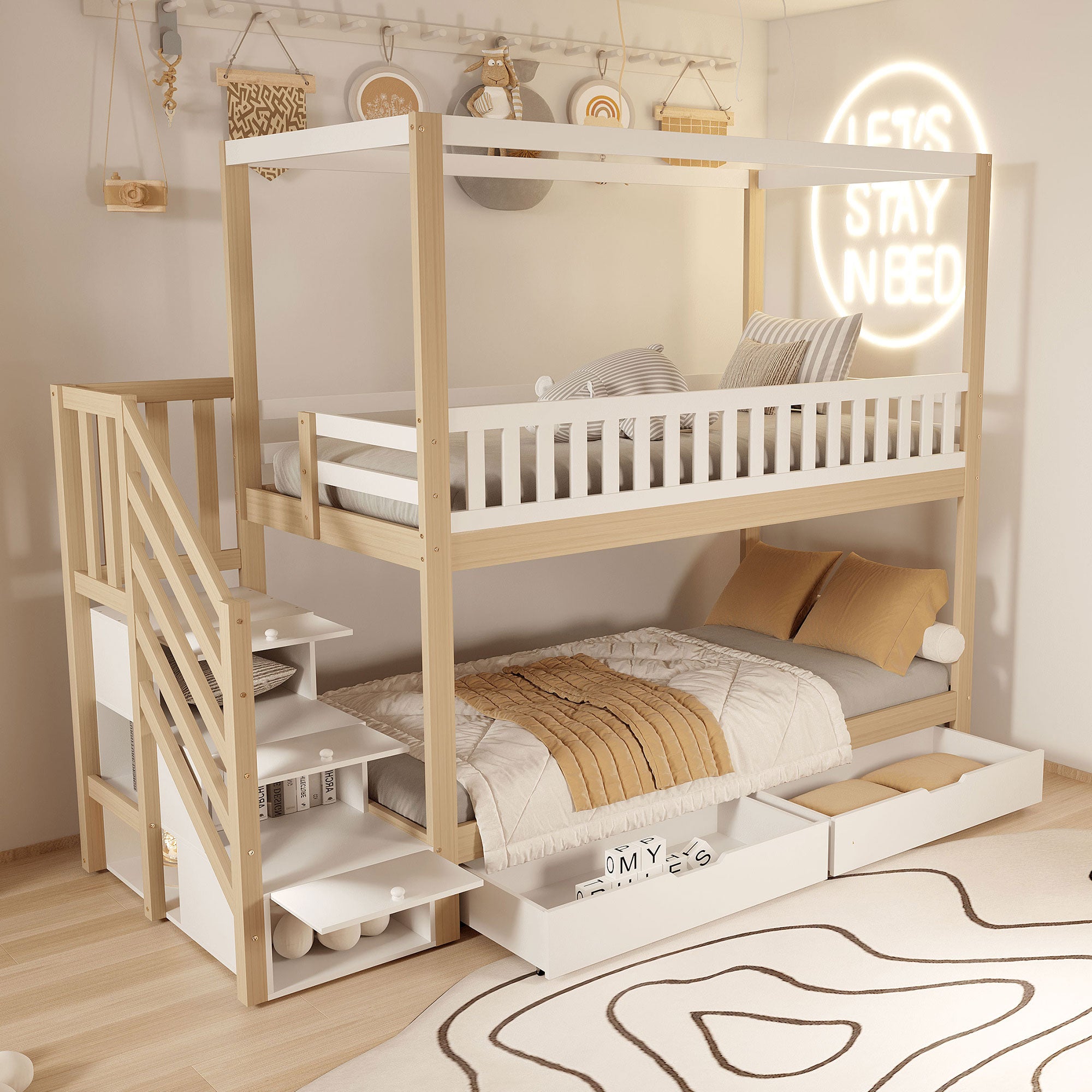 Bunk Bed, 90x200cm Solid Wood Double with Storage & Ladder, White & Wood