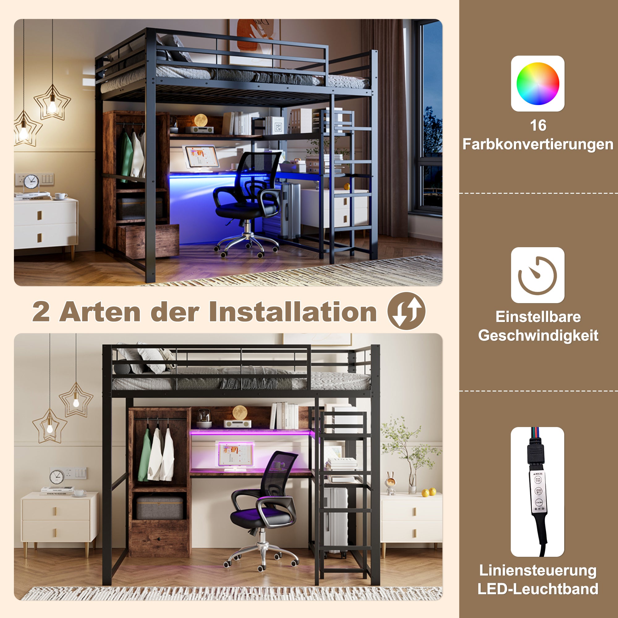 Loft Bed 140x200cm Metal LED Desk Drawer Shelves Stairs - Black