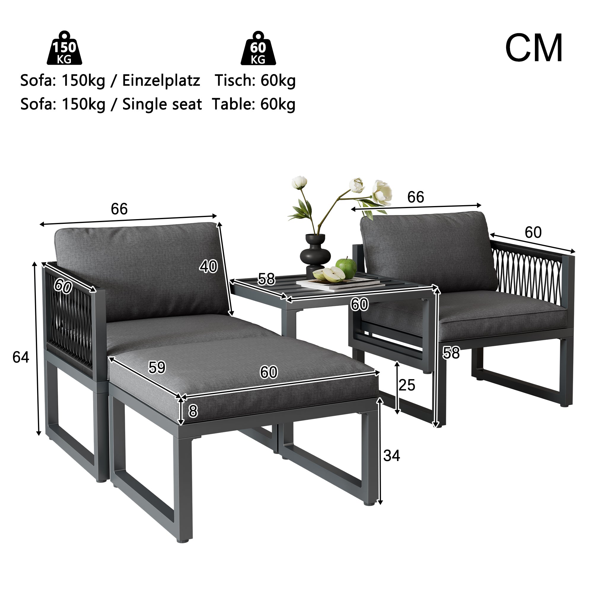 Garden Lounge Set 2 Sofas 2 Footstools - Adjustable