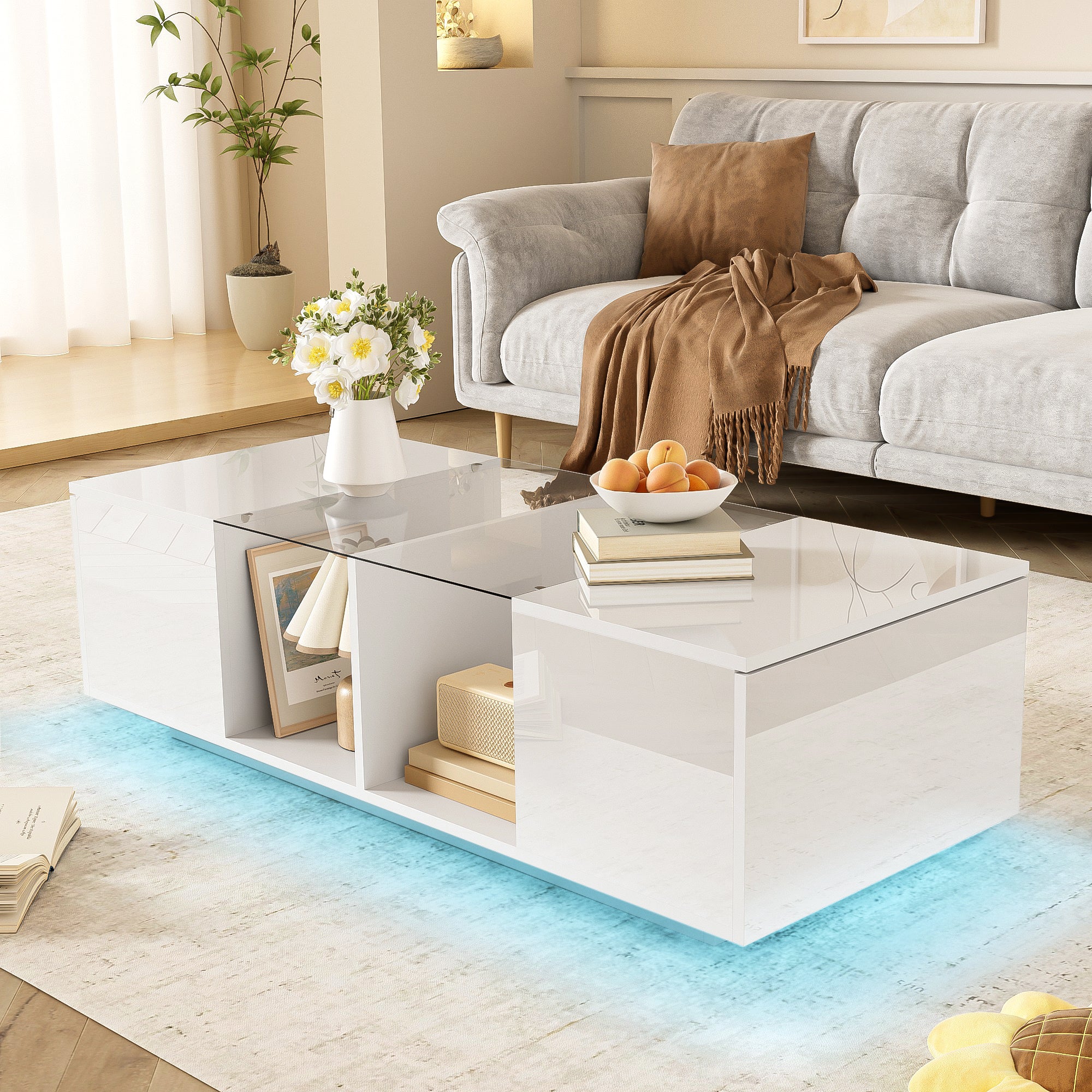 Modern Coffee Table with LED Lighting, High-Gloss, White