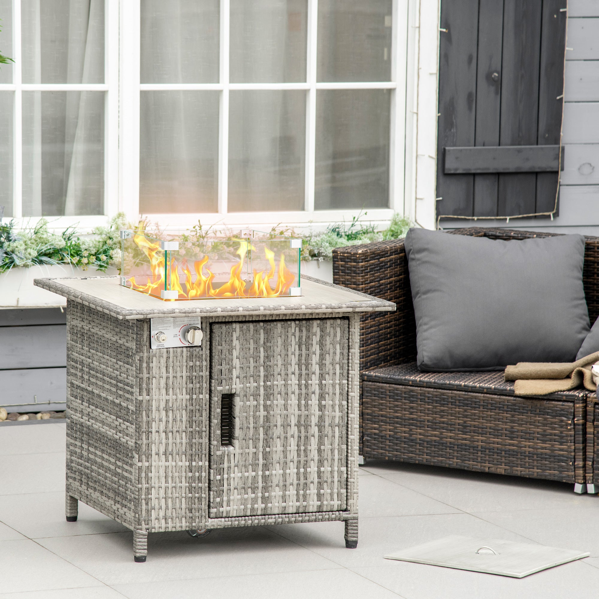 Outdoor Gas Fire Pit Table, Square Propane Heater 50,000 BTU PE Rattan, Grey