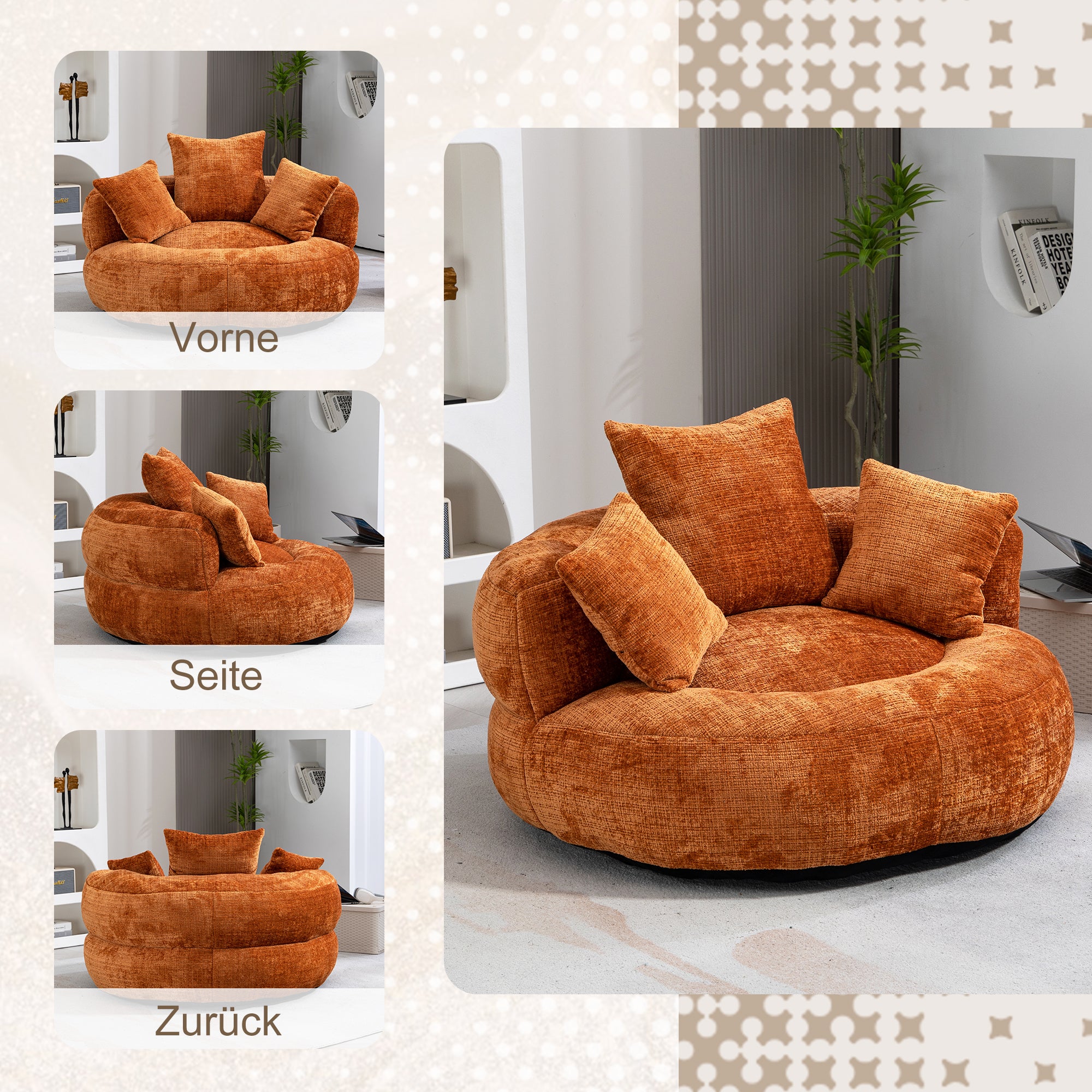 Lazy Sofa High Back Bean Bag Chair Couch, Durable Comfort Indoor/Outdoor, Orange Chenille