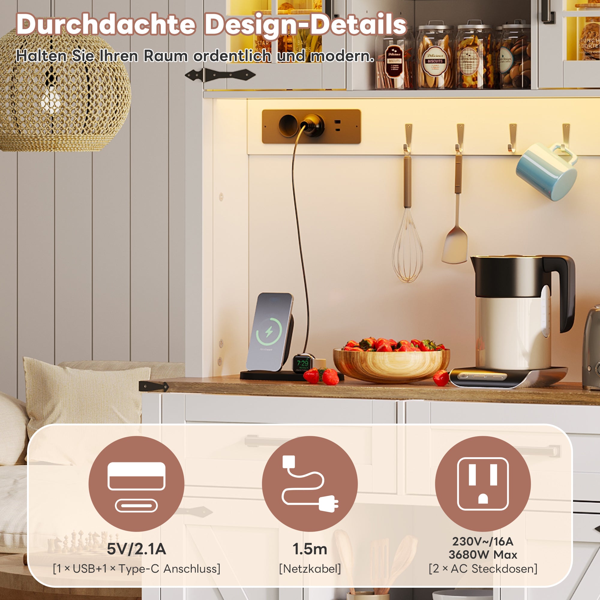 Bar Cabinet Buffet LED Sockets Barn Door 2 Drawers - White