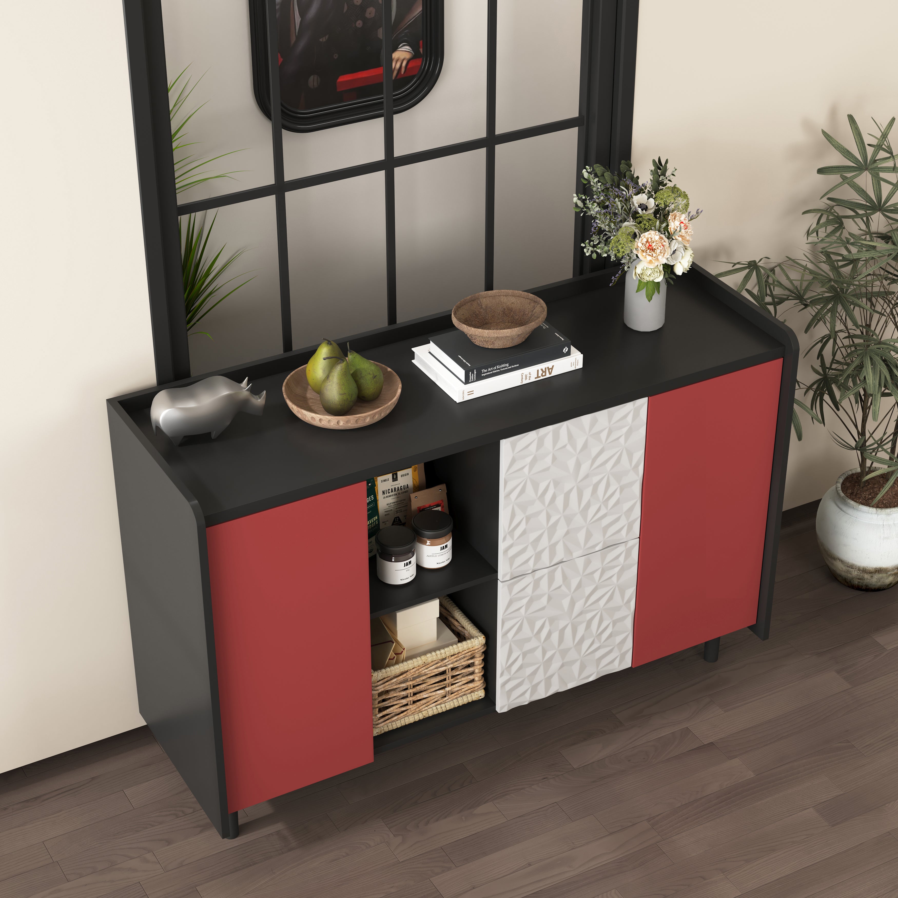 Sideboard Buffet Cabinet with 2 Drawers & Open Storage, Panel Styling - Black/Red